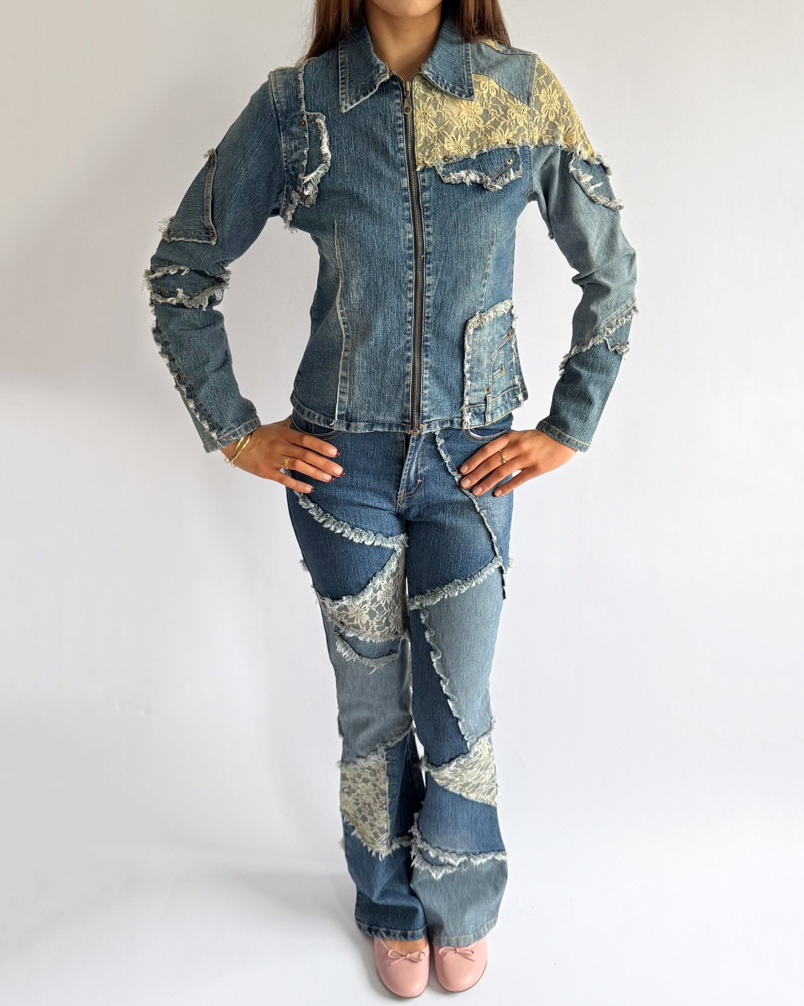 Patchwork Denim Jacket & Jeans Matching Set - Size S