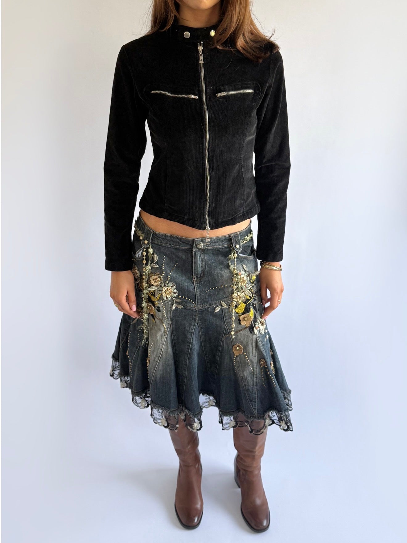 Corduroy Double Zip Up Jacket - Size S