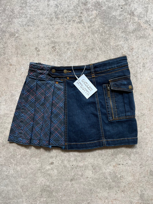 00s Denim & Plaid Pleated Mini Skirt - Size M