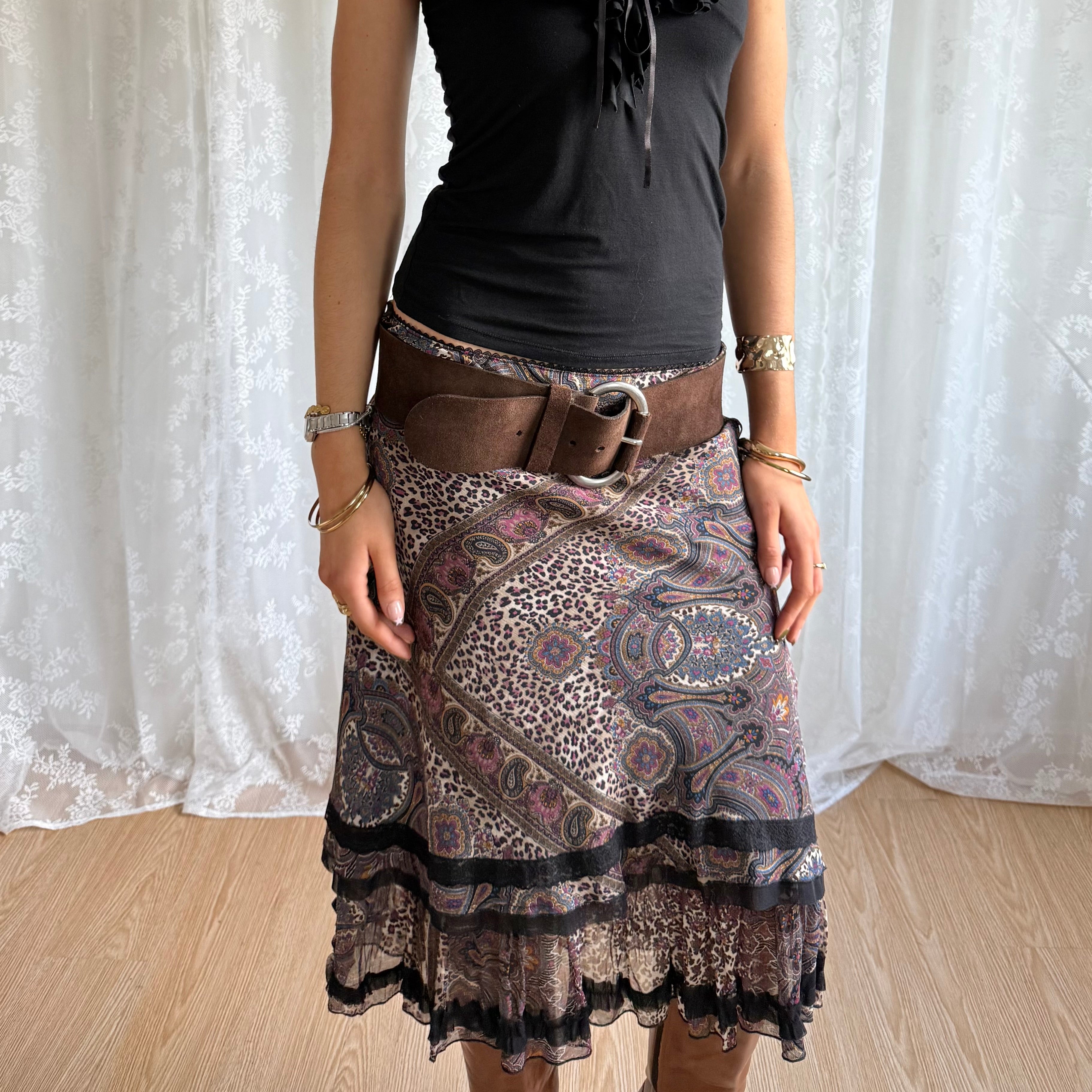 Leopard Floral Lace Midi Skirt - Size M