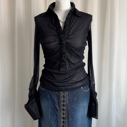 90s Ruched Mesh Shirt - Size M