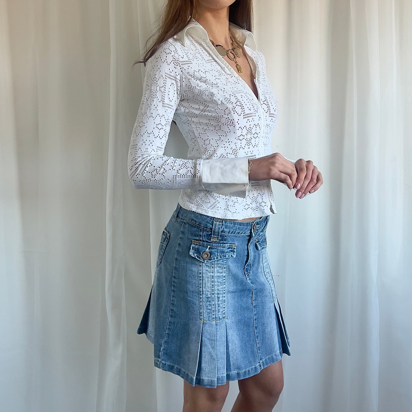 00s Denim Pleated Midi Skirt - Size M