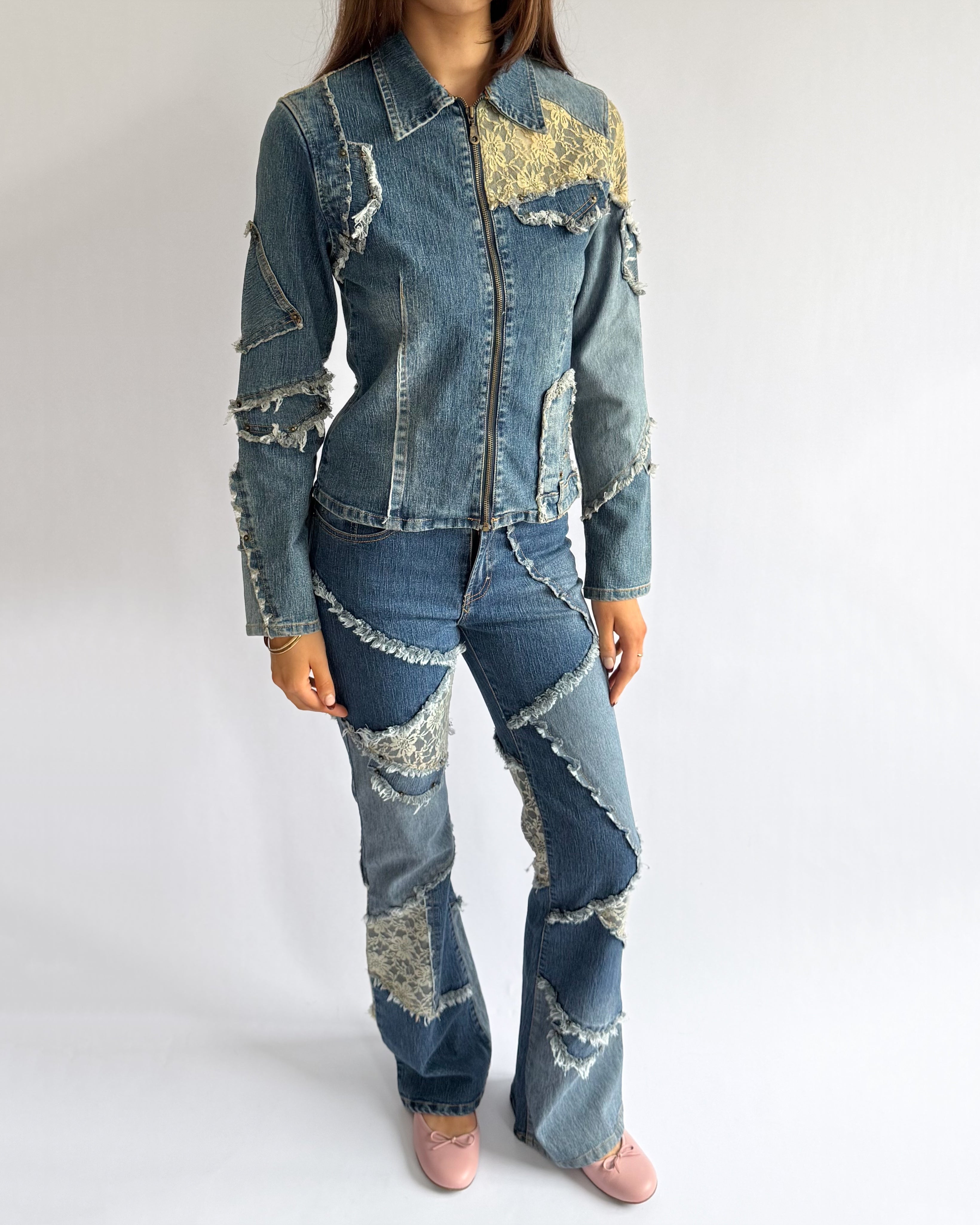 Patchwork Denim Jacket & Jeans Matching Set - Size S