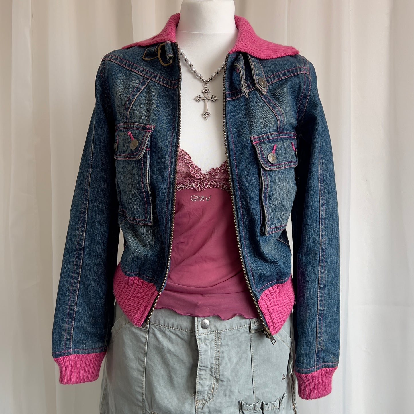 90s Denim & Knit Zip Up Jacket - Size L