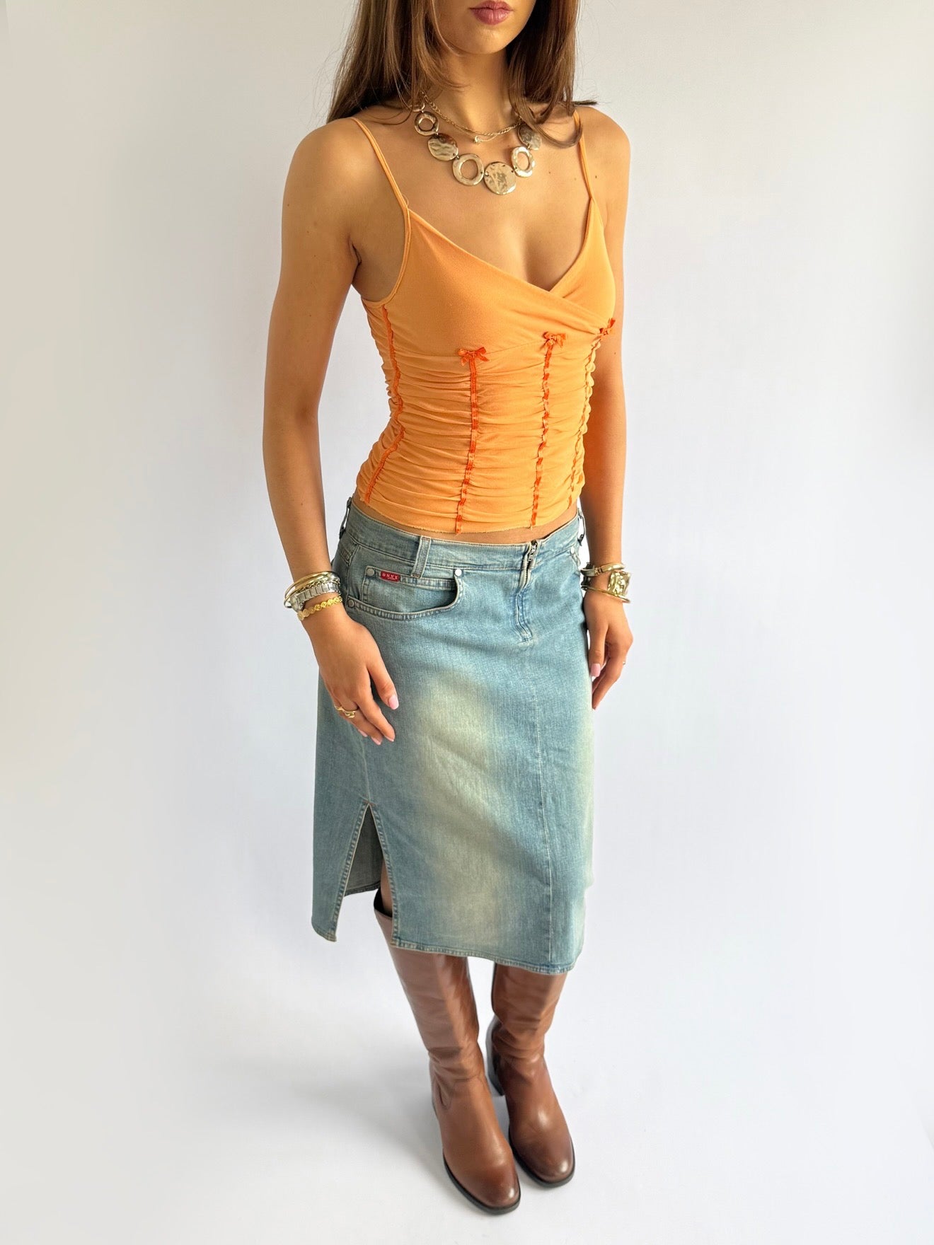 Ruched Mesh Bow Cami - Size XS