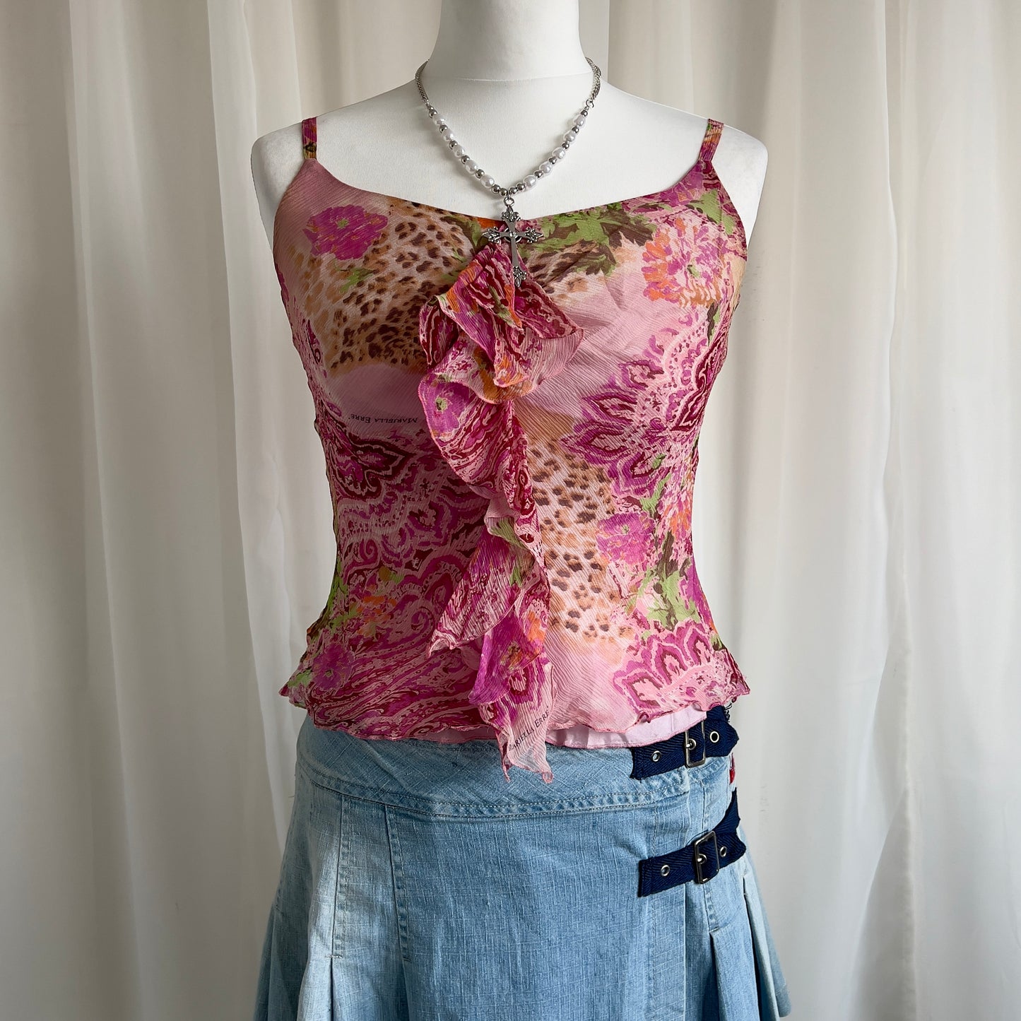 90s Floral Leopard Ruffle Cami Top - Size S