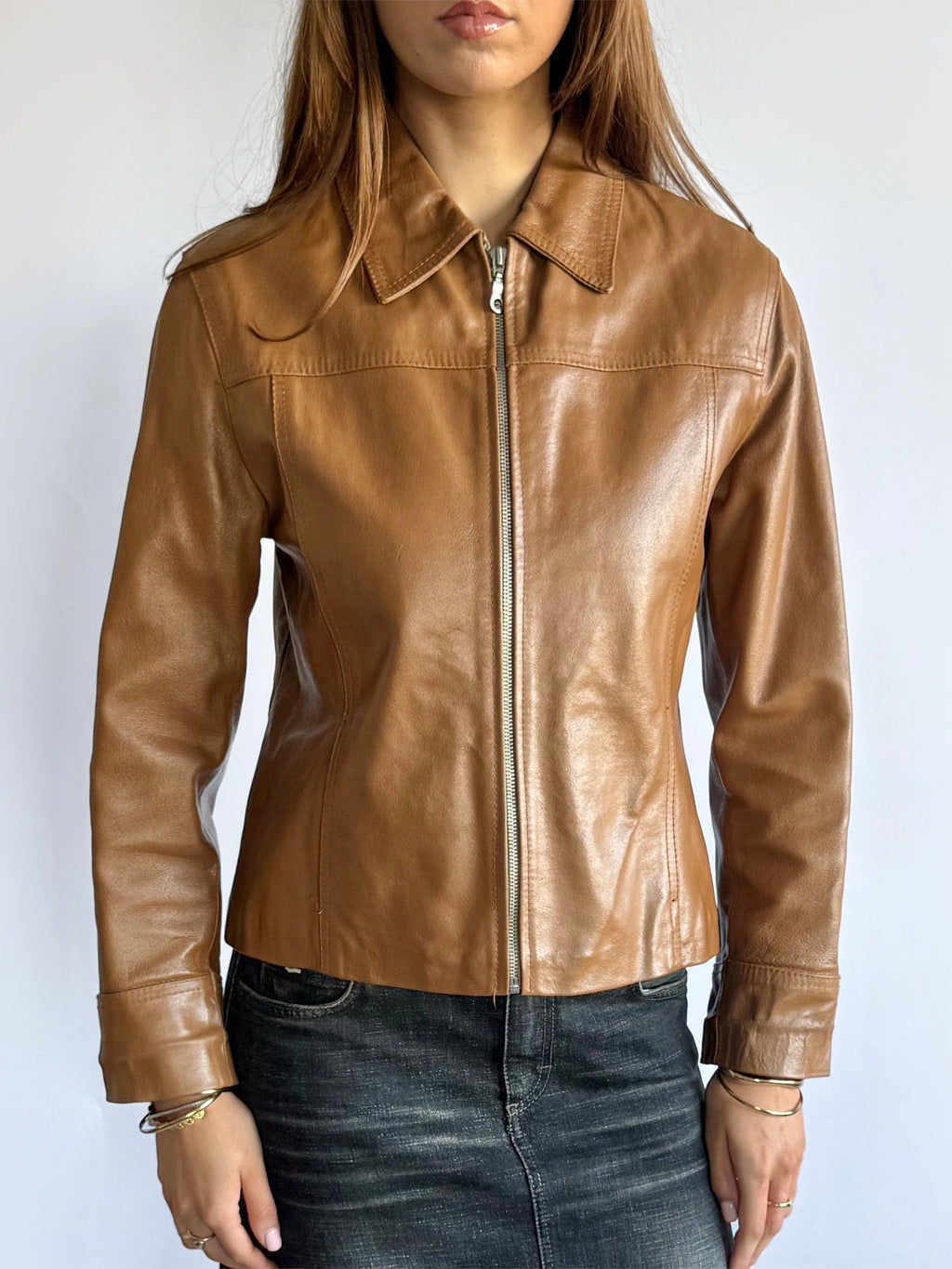 Genuine Leather Zip Jacket - Size M