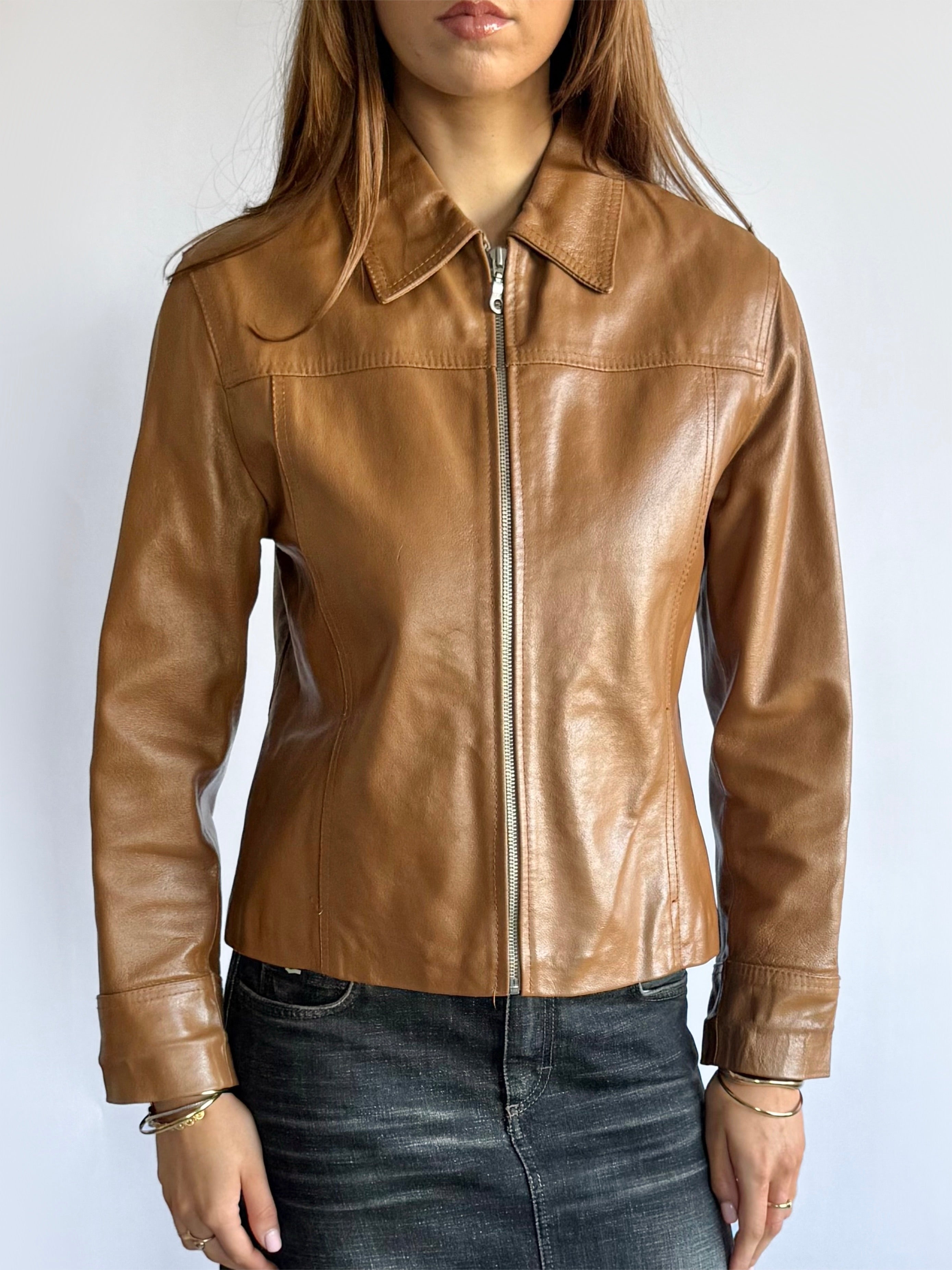 Genuine Leather Zip Jacket - Size M