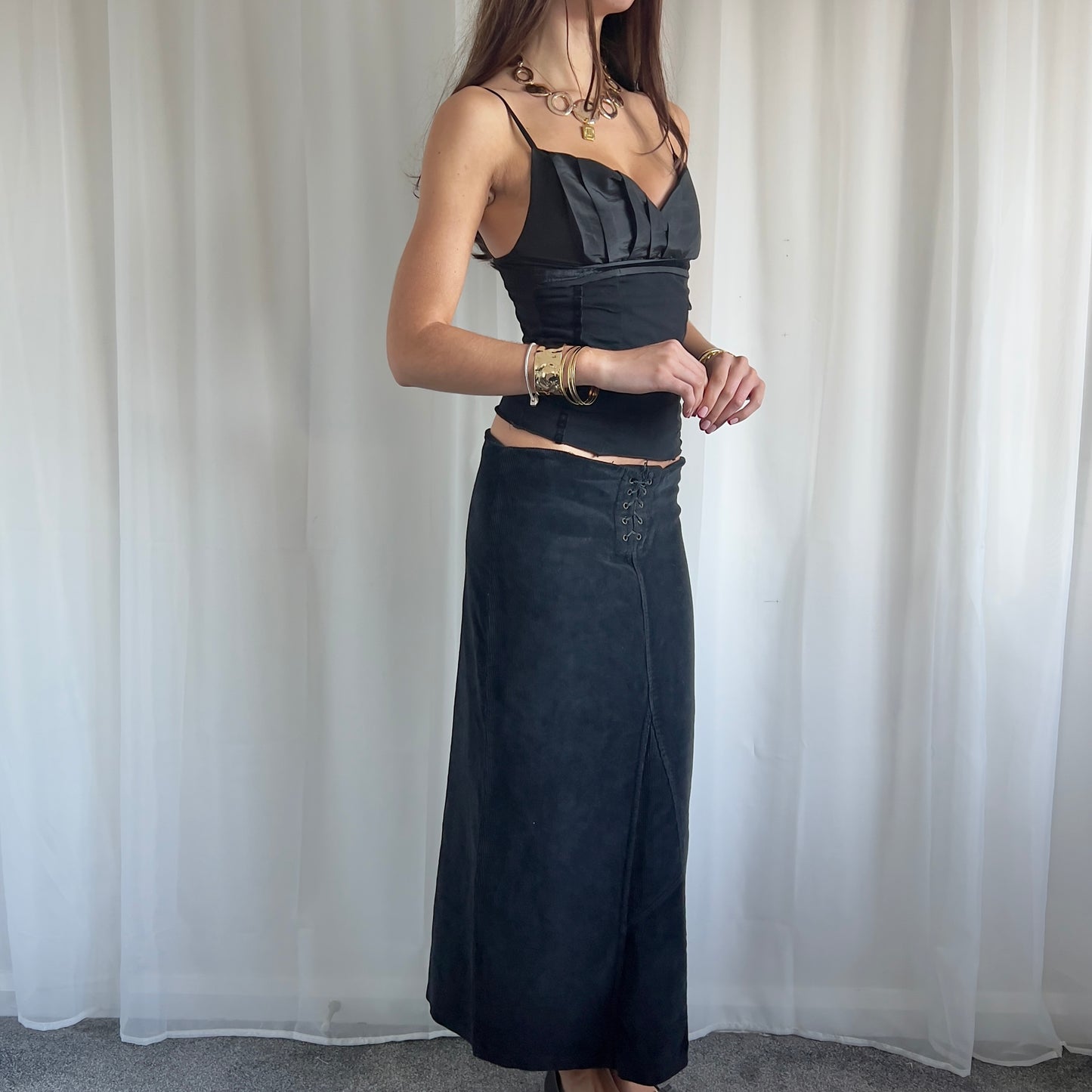 90s Corduroy Lace Up Maxi Skirt - Size L