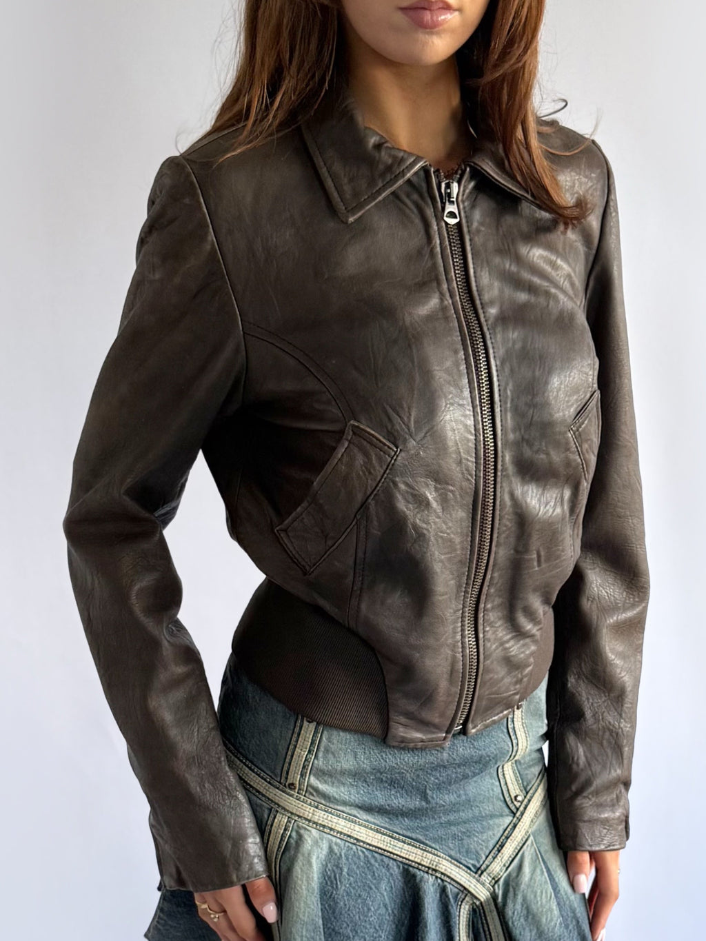 Genuine Leather Zip Jacket - Size L