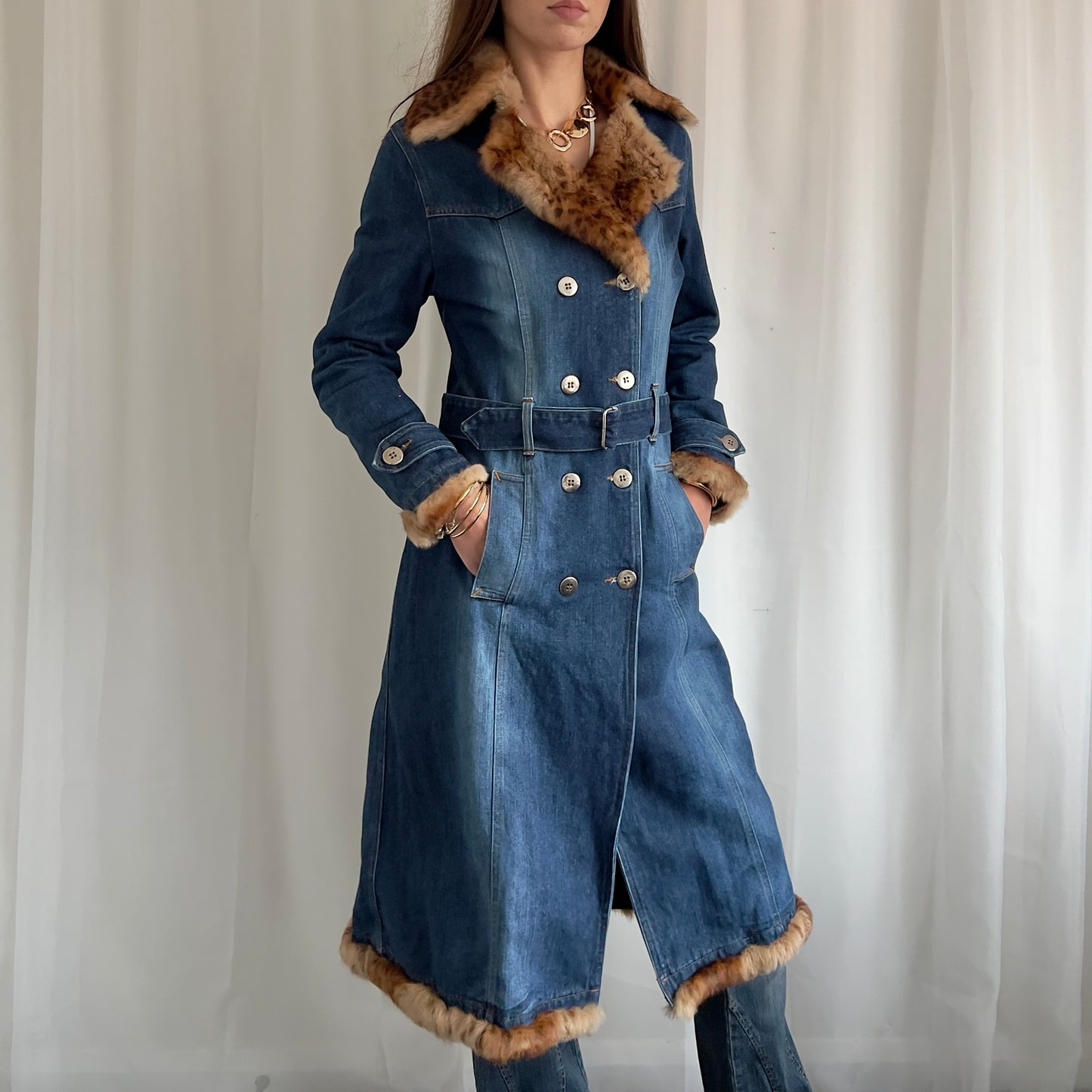 90s Denim & Fur Trench Coat - Size M