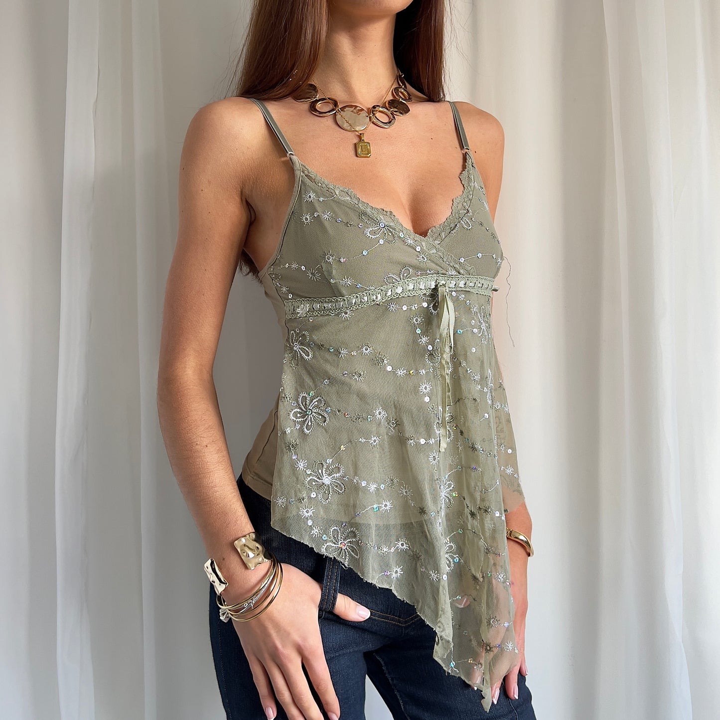 90s Asymmetric Mesh Lace Cami - Size S