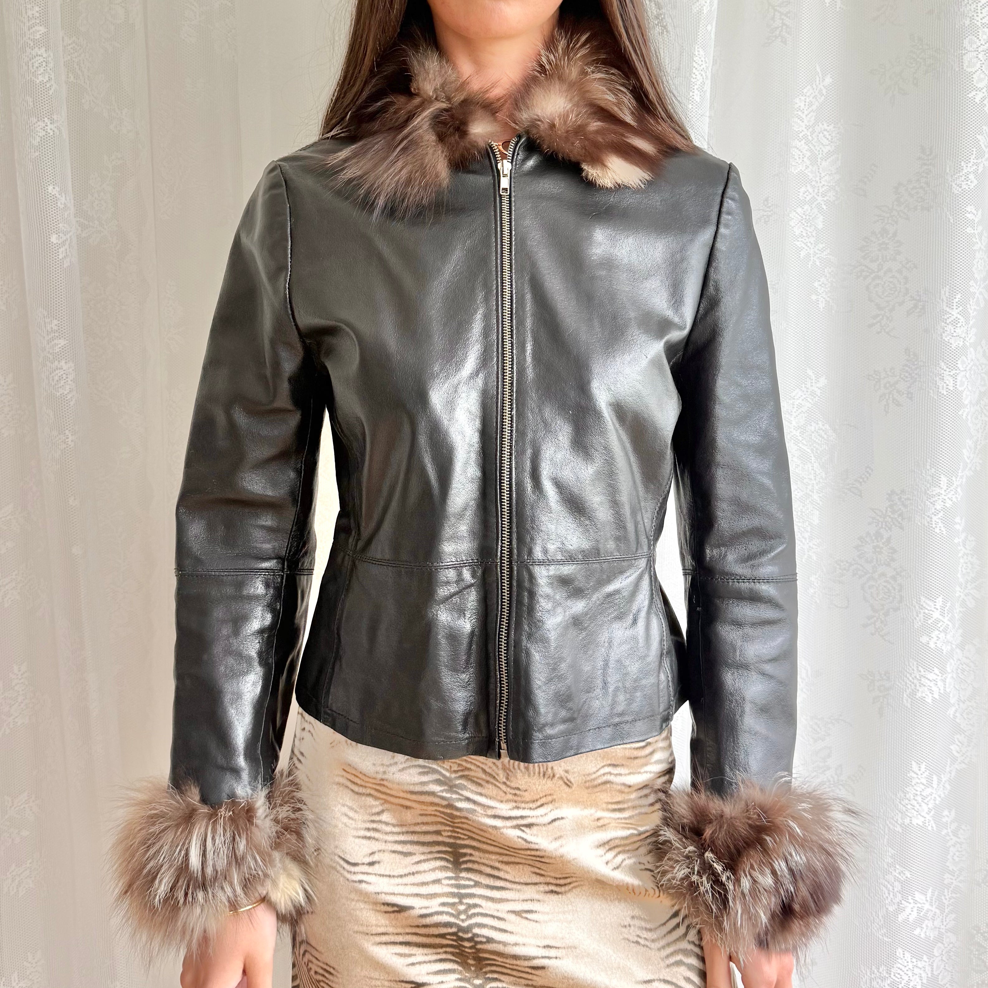 Genuine Leather & Fur Trim Jacket - Size S