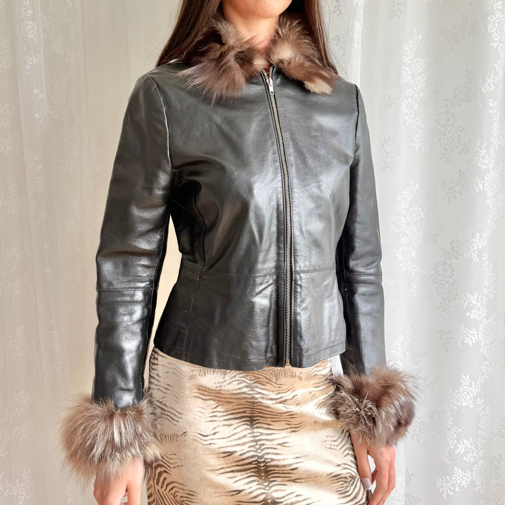 Genuine Leather & Fur Trim Jacket - Size S