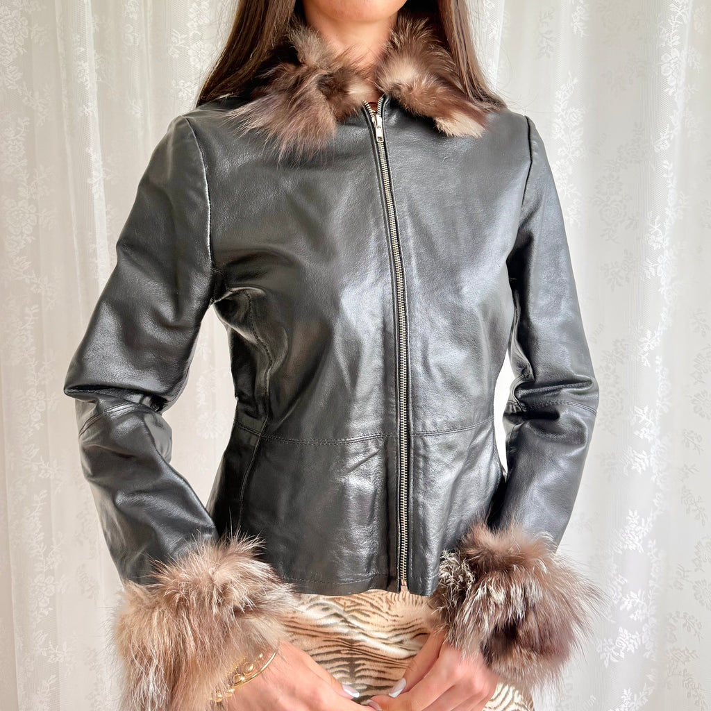 Genuine Leather & Fur Trim Jacket - Size S