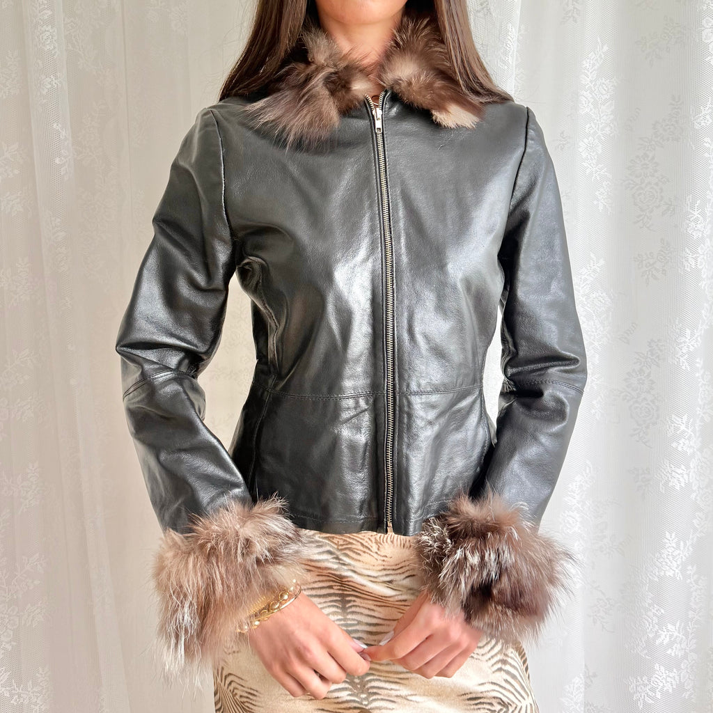 Genuine Leather & Fur Trim Jacket - Size S