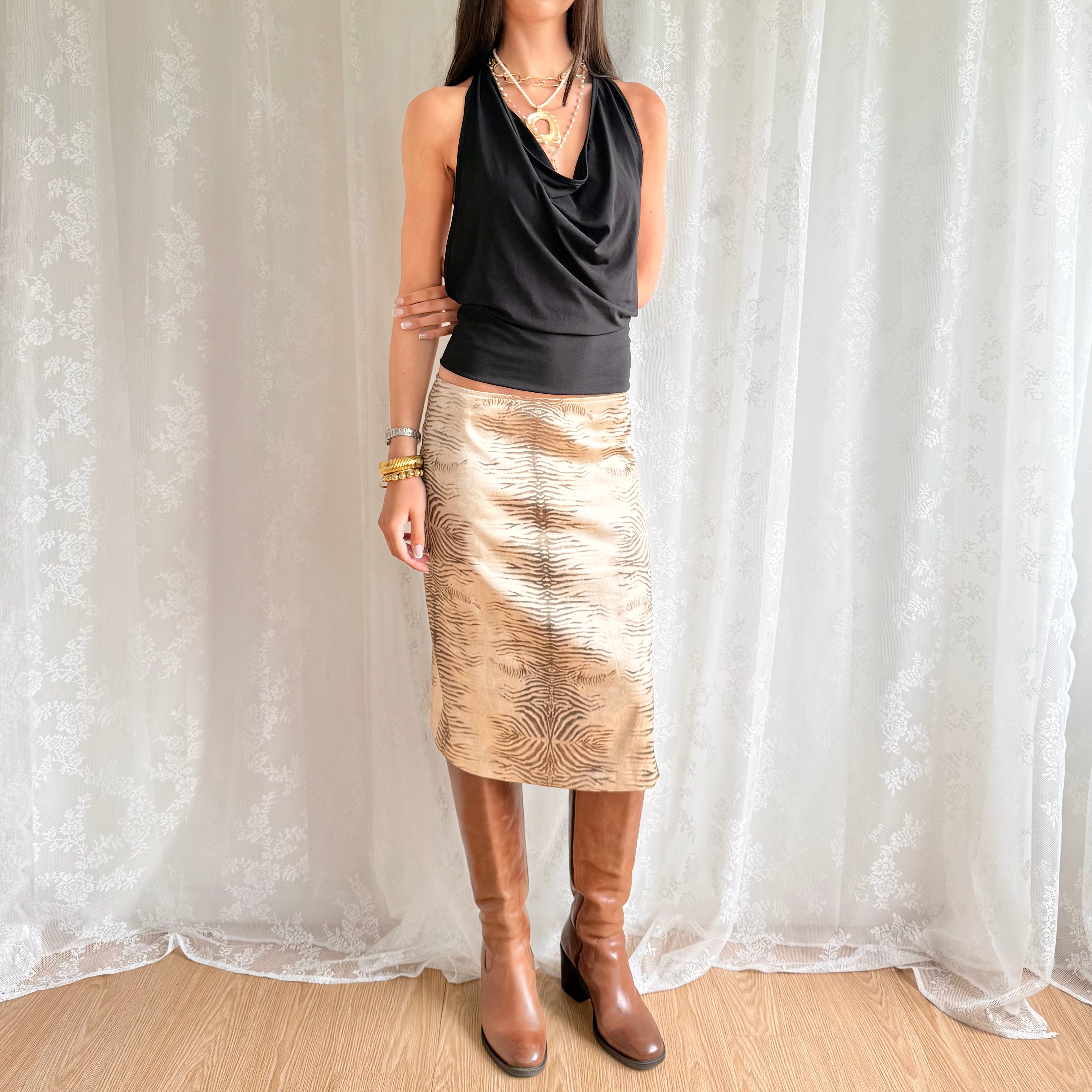 Tiger Print Satin Midi Skirt - Size M