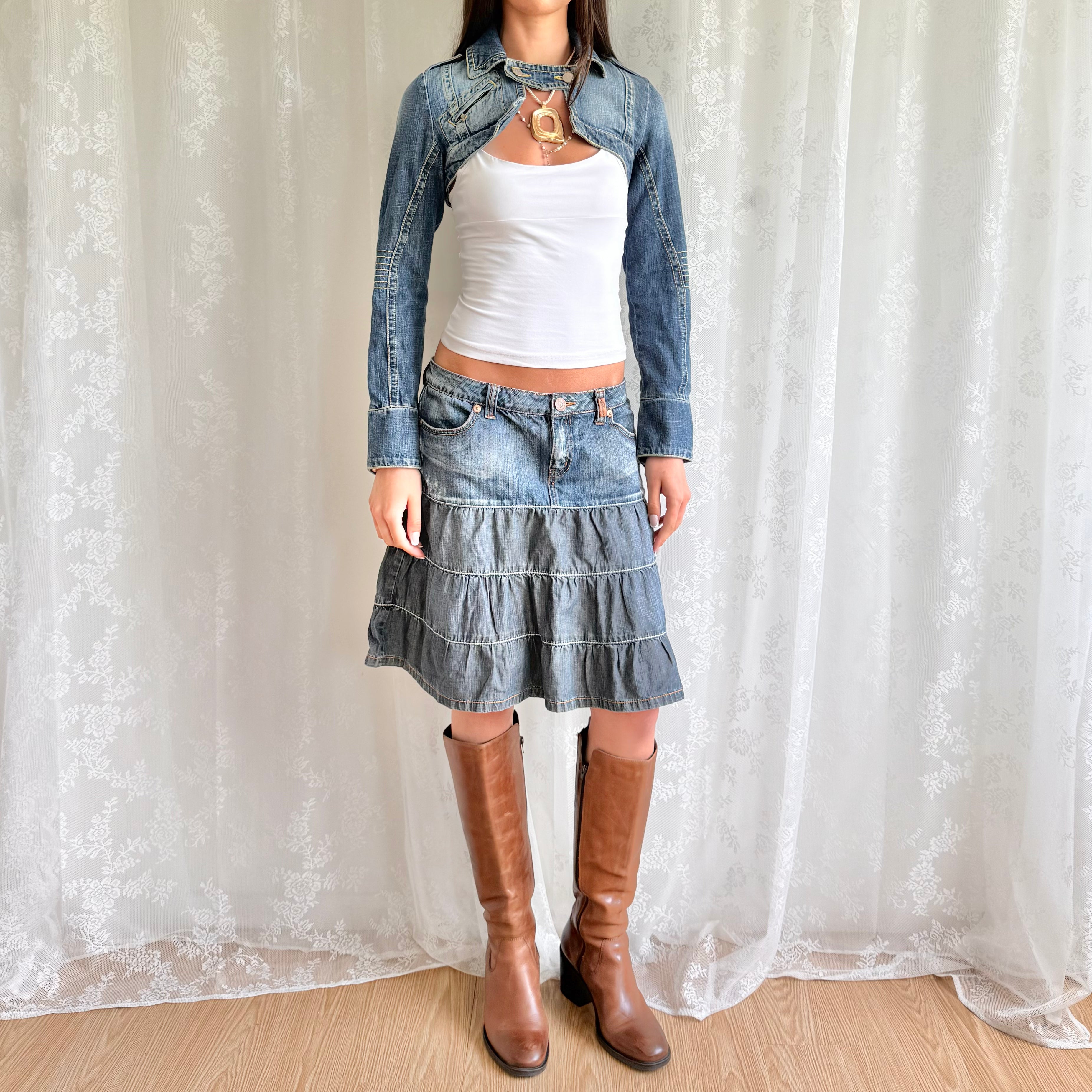 Denim Tiered Midi Skirt - Size M