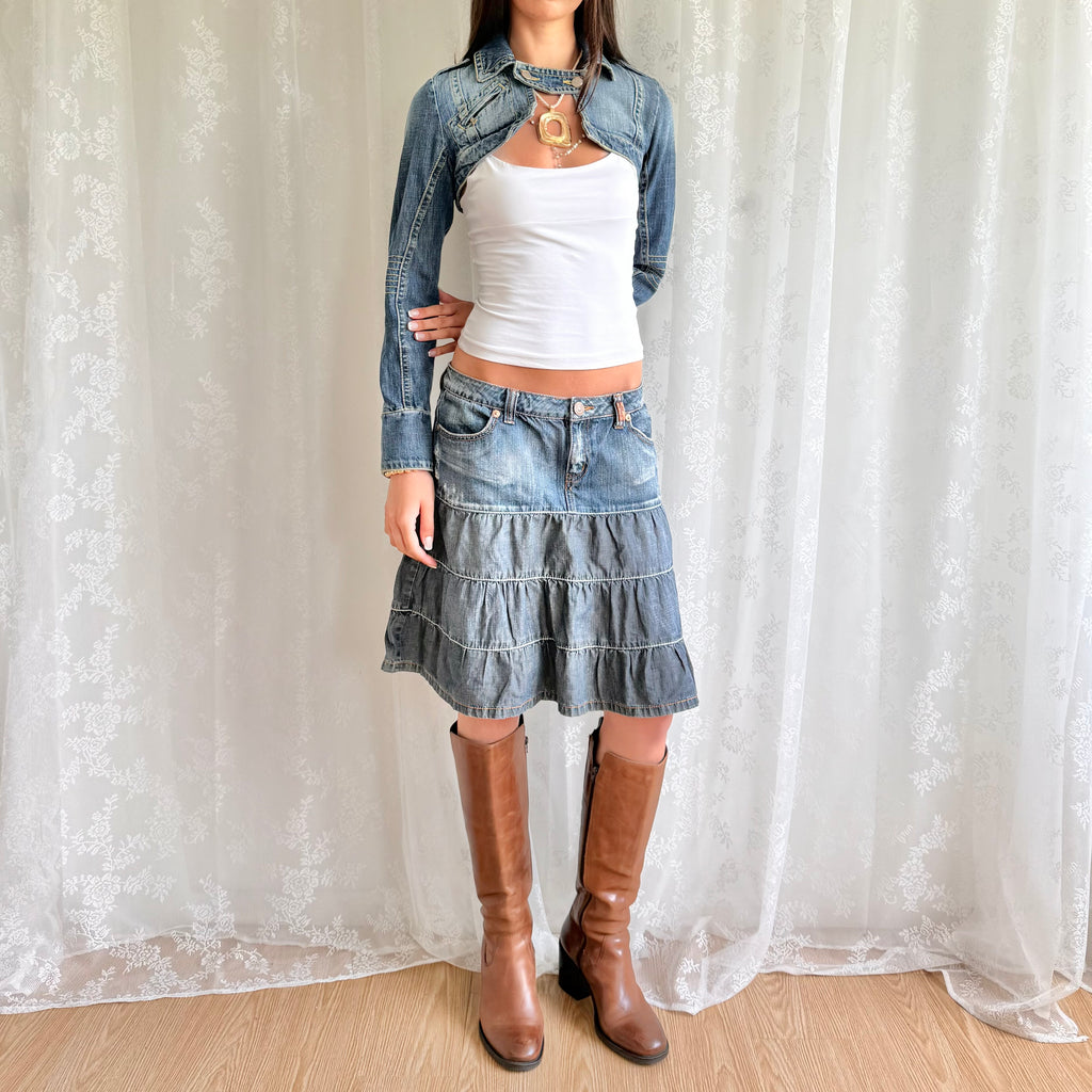 Denim Tiered Midi Skirt - Size M