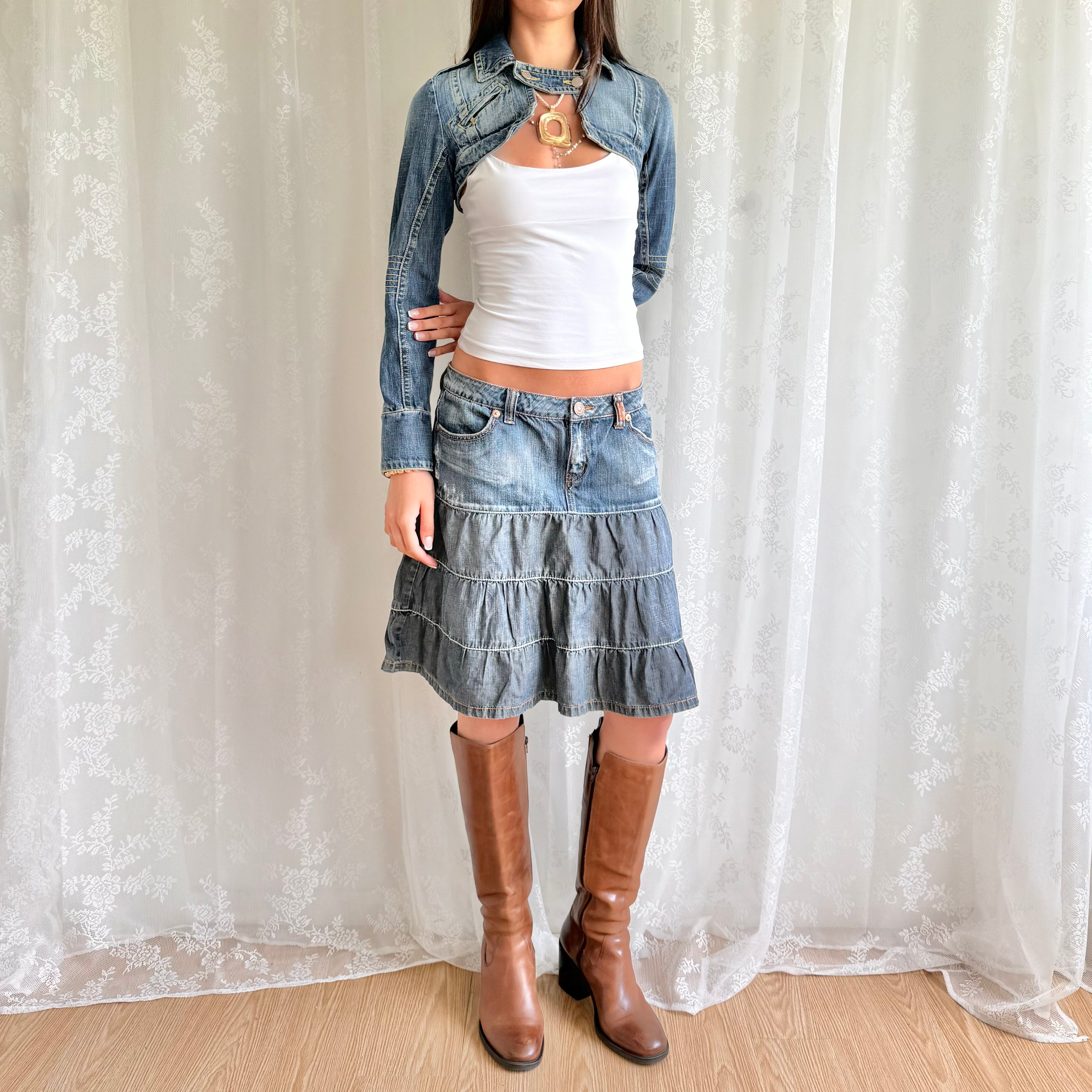 Denim Tiered Midi Skirt - Size M