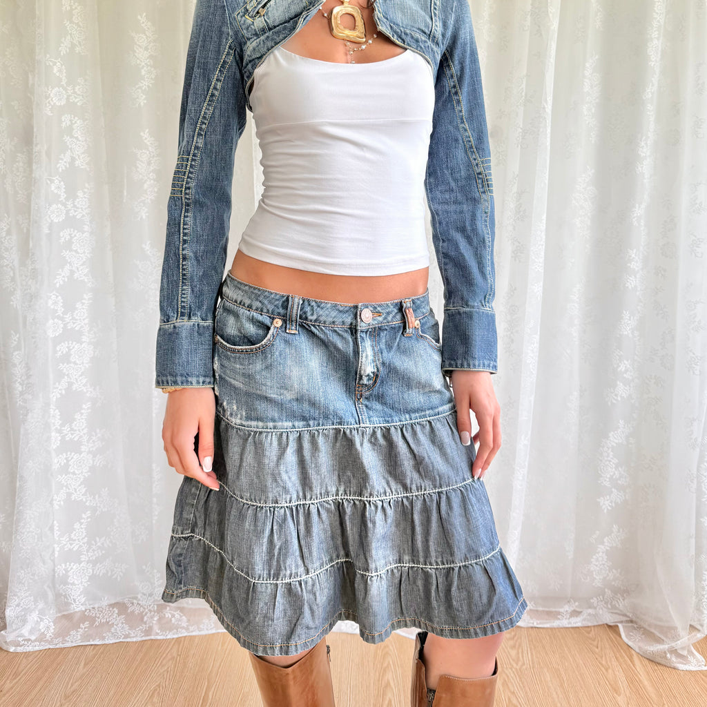 Denim Tiered Midi Skirt - Size M