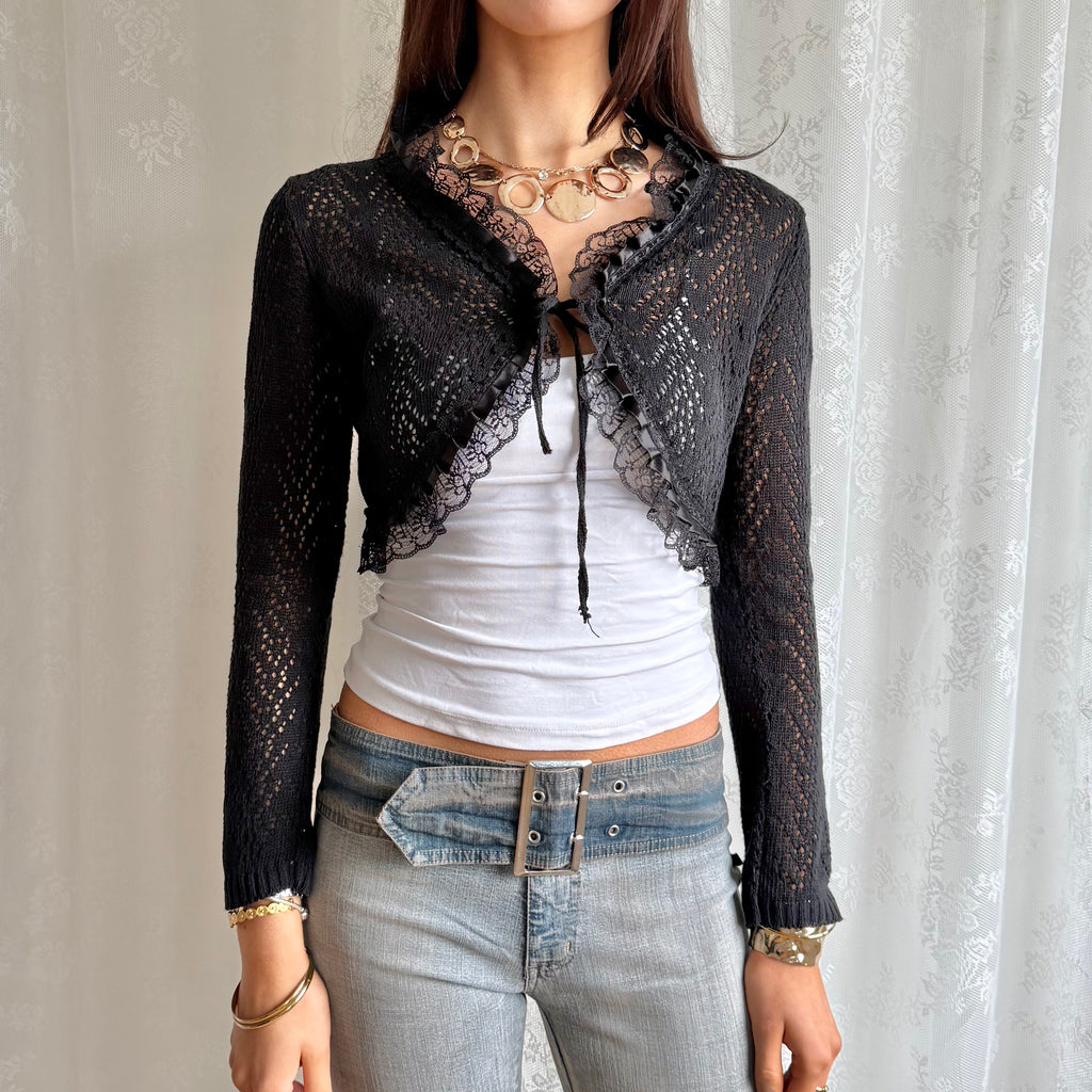Knit & Lace Tie Bolero Cardigan - Size S