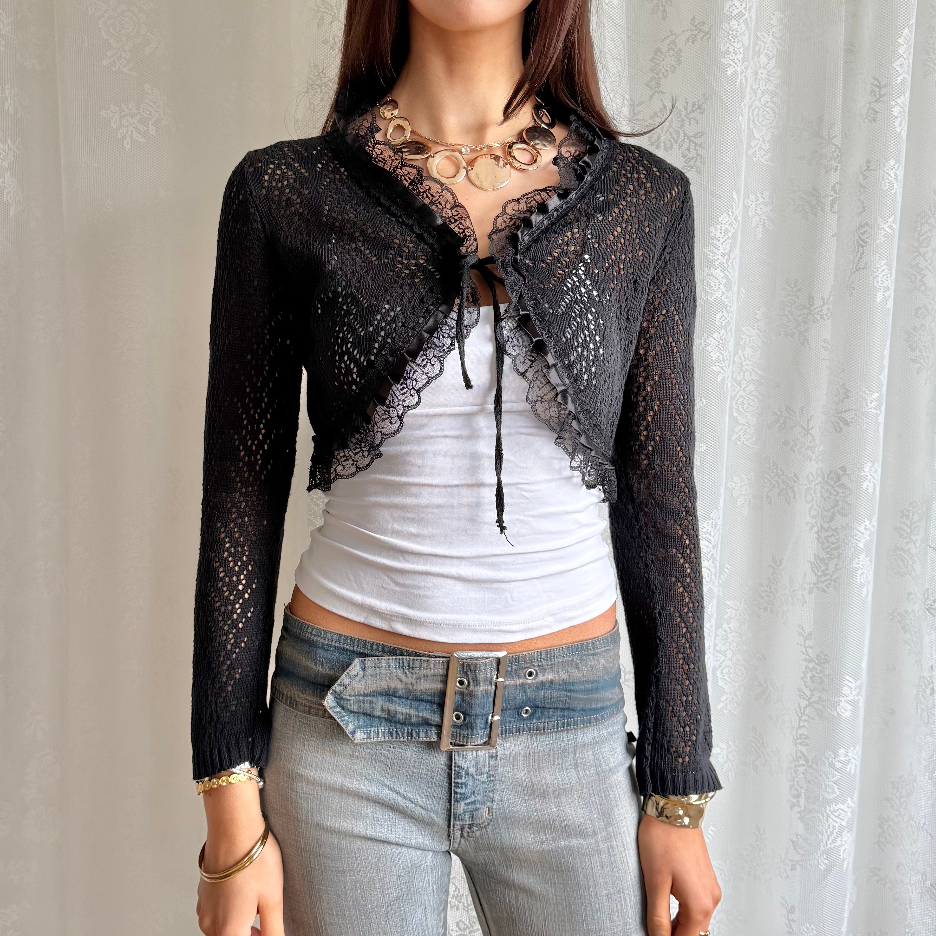 Knit & Lace Tie Bolero Cardigan - Size S