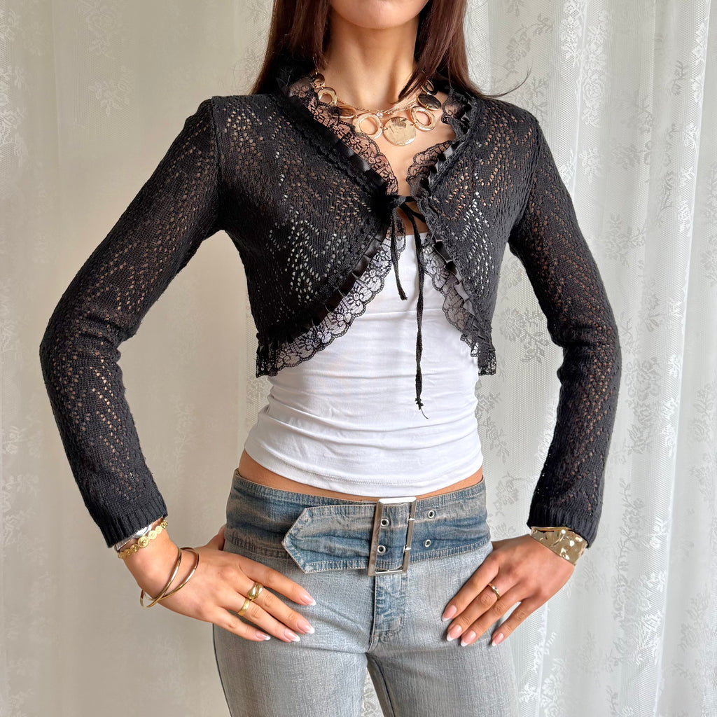 Knit & Lace Tie Bolero Cardigan - Size S
