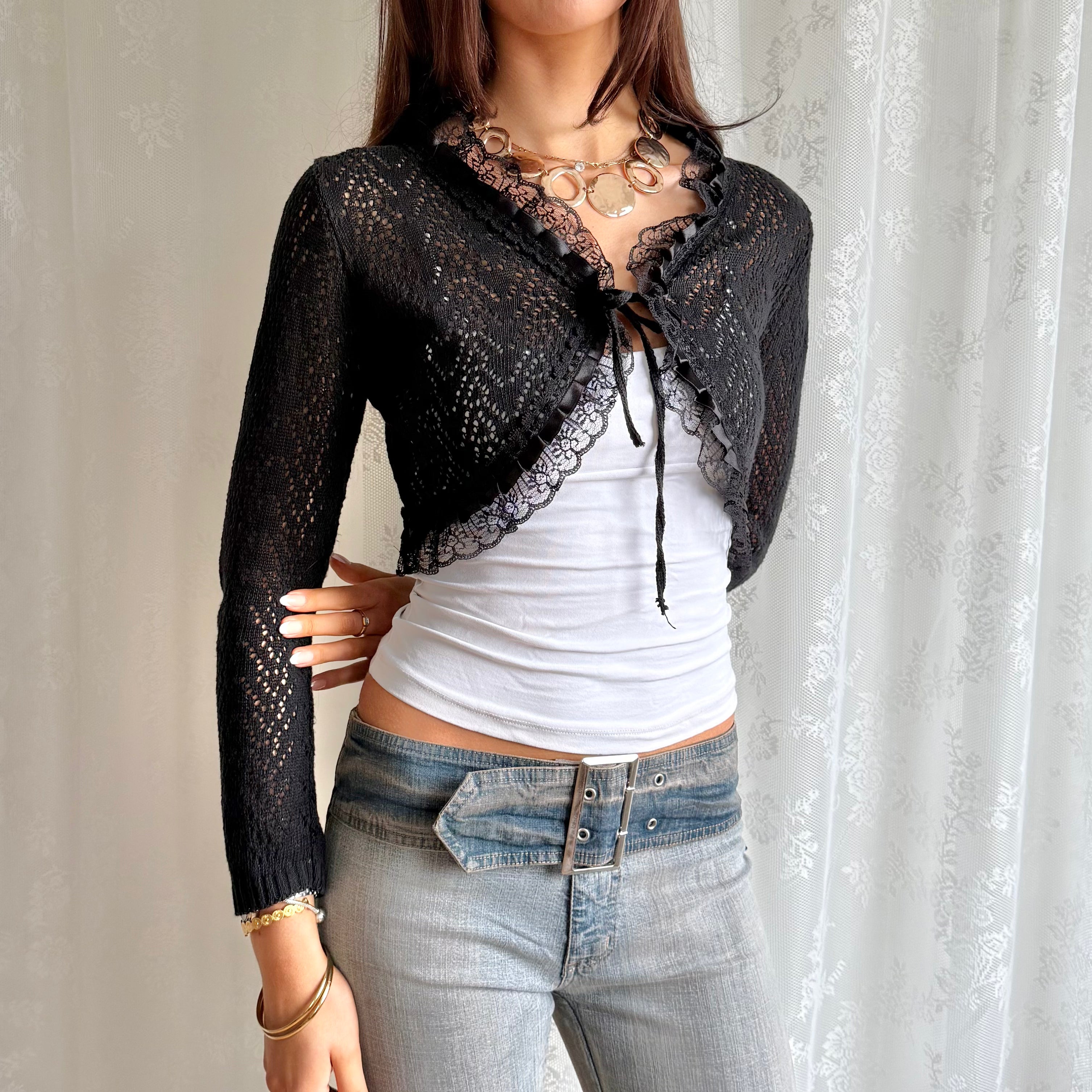 Knit & Lace Tie Bolero Cardigan - Size S