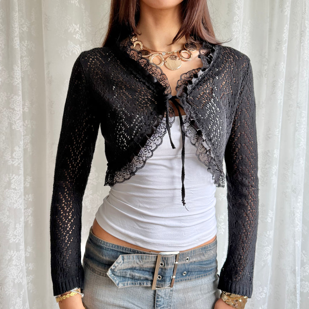 Knit & Lace Tie Bolero Cardigan - Size S