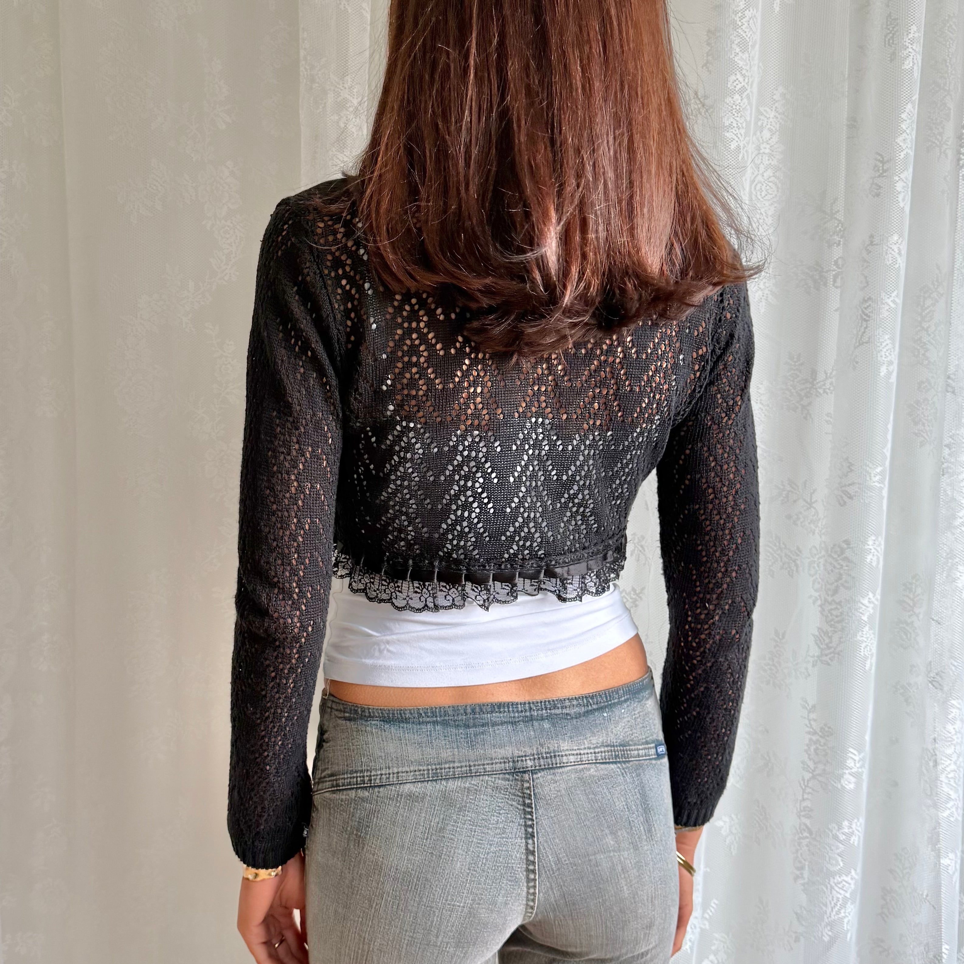 Knit & Lace Tie Bolero Cardigan - Size S