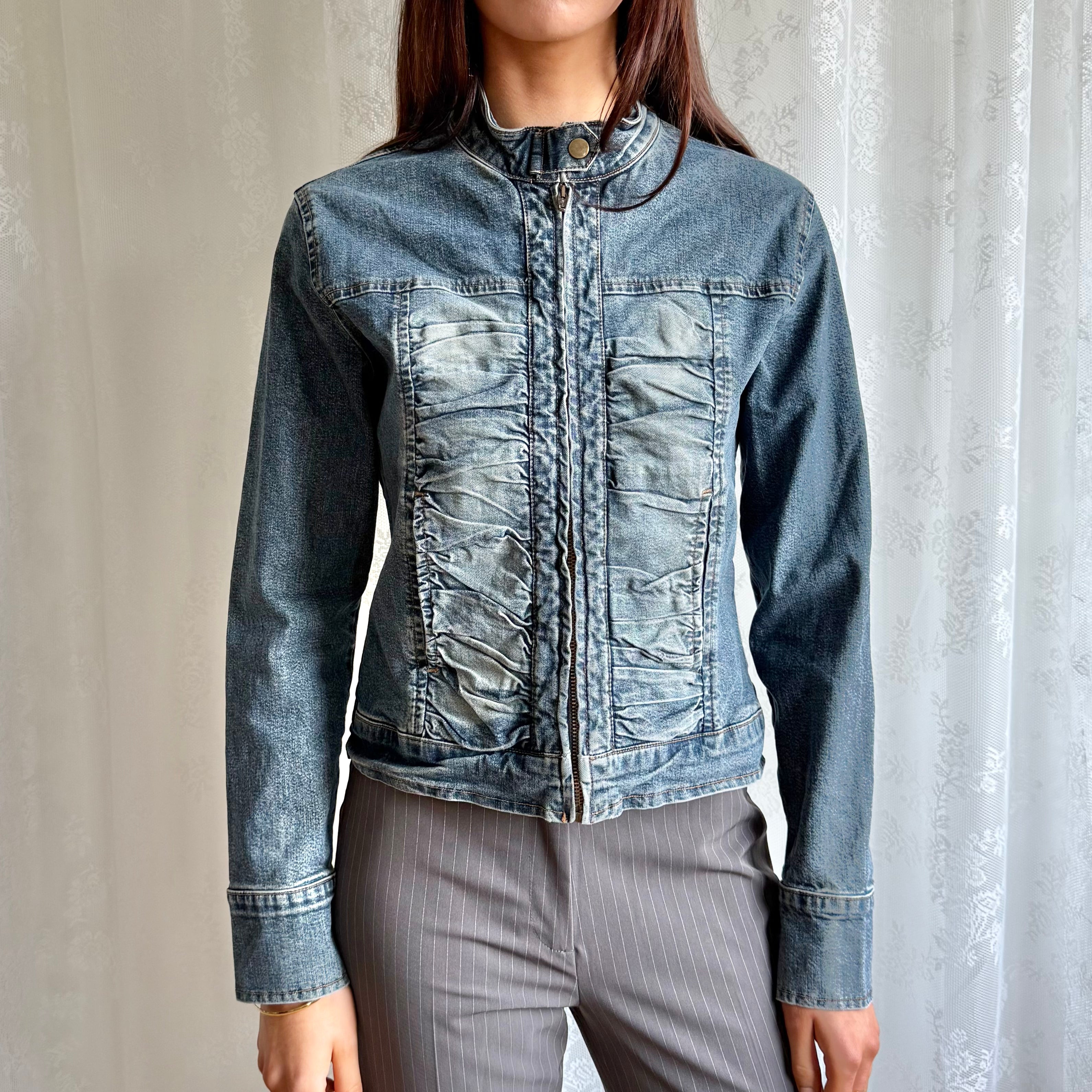 Ruched Denim Zip Jacket - Size M