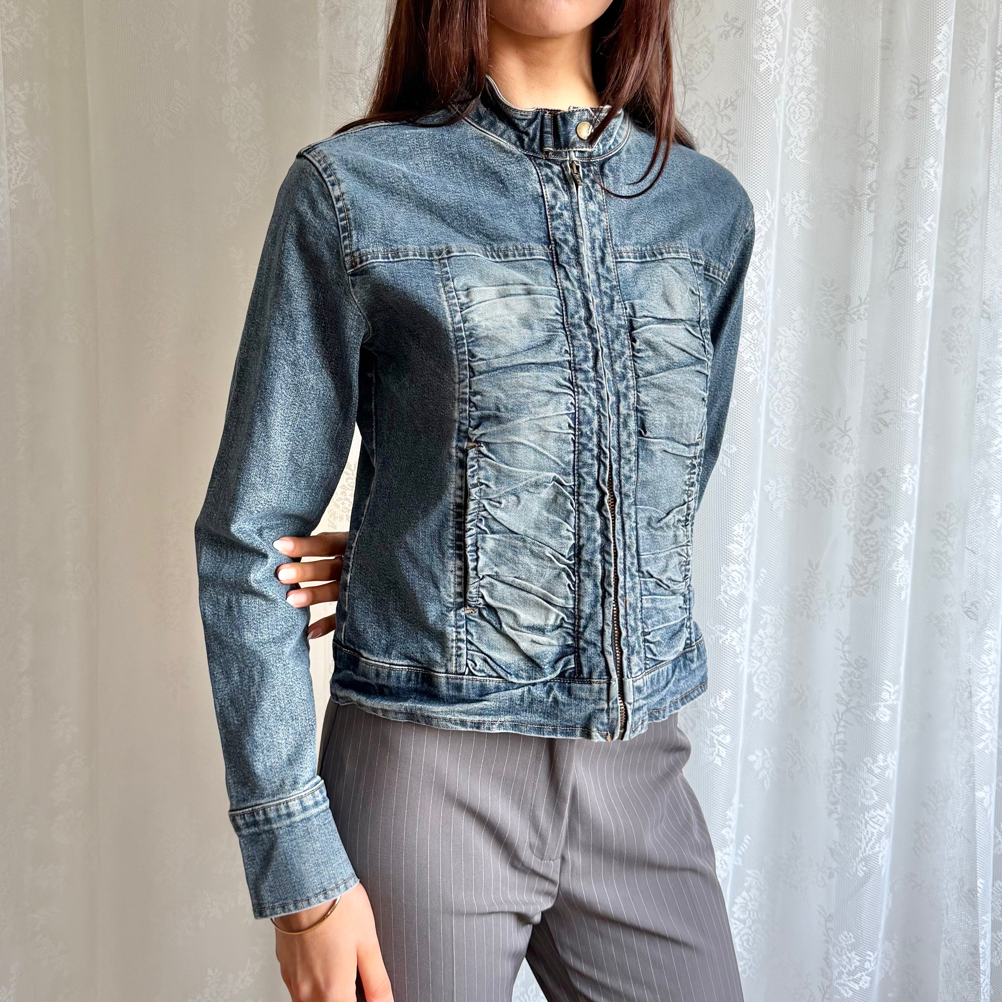 Ruched Denim Zip Jacket - Size M