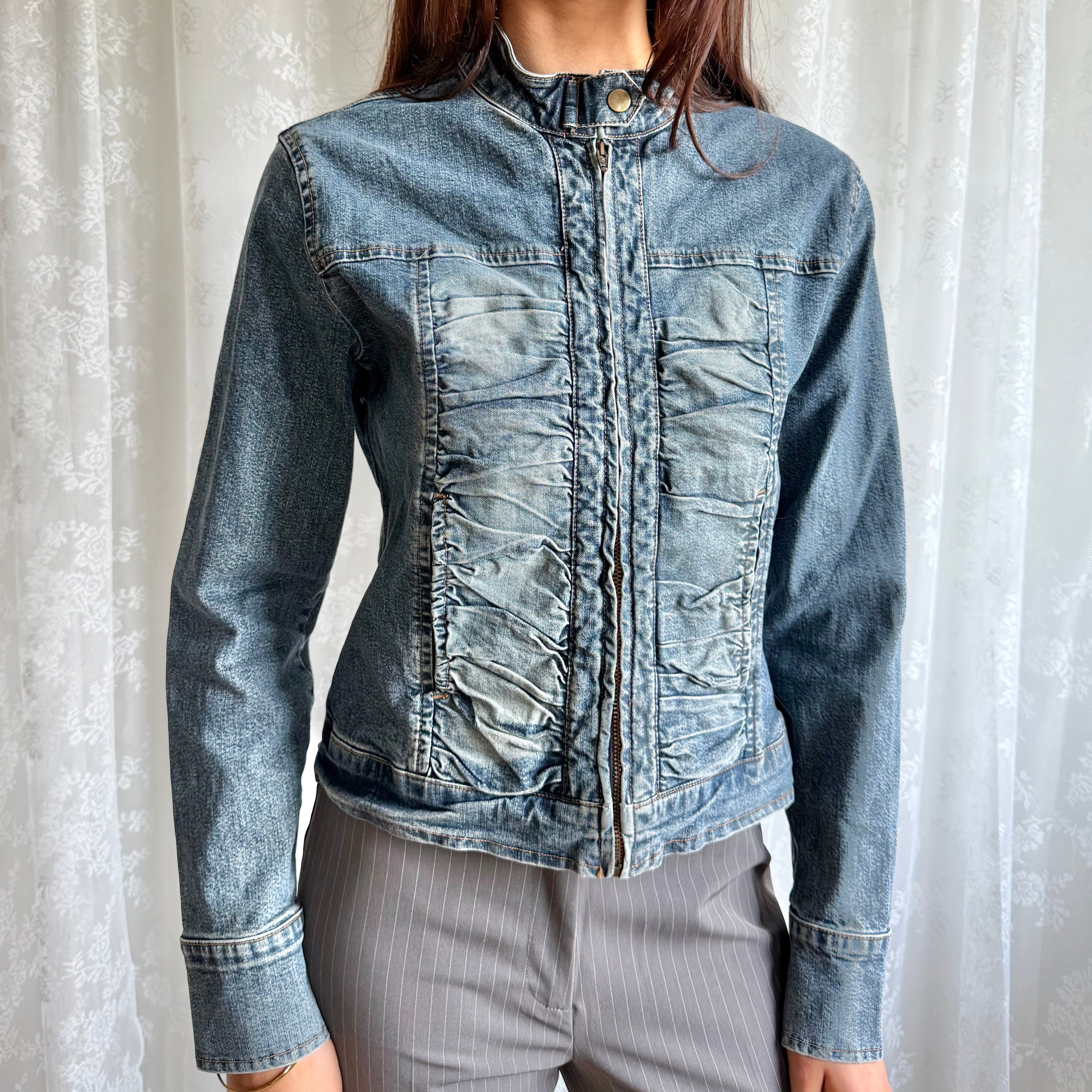 Ruched Denim Zip Jacket - Size M