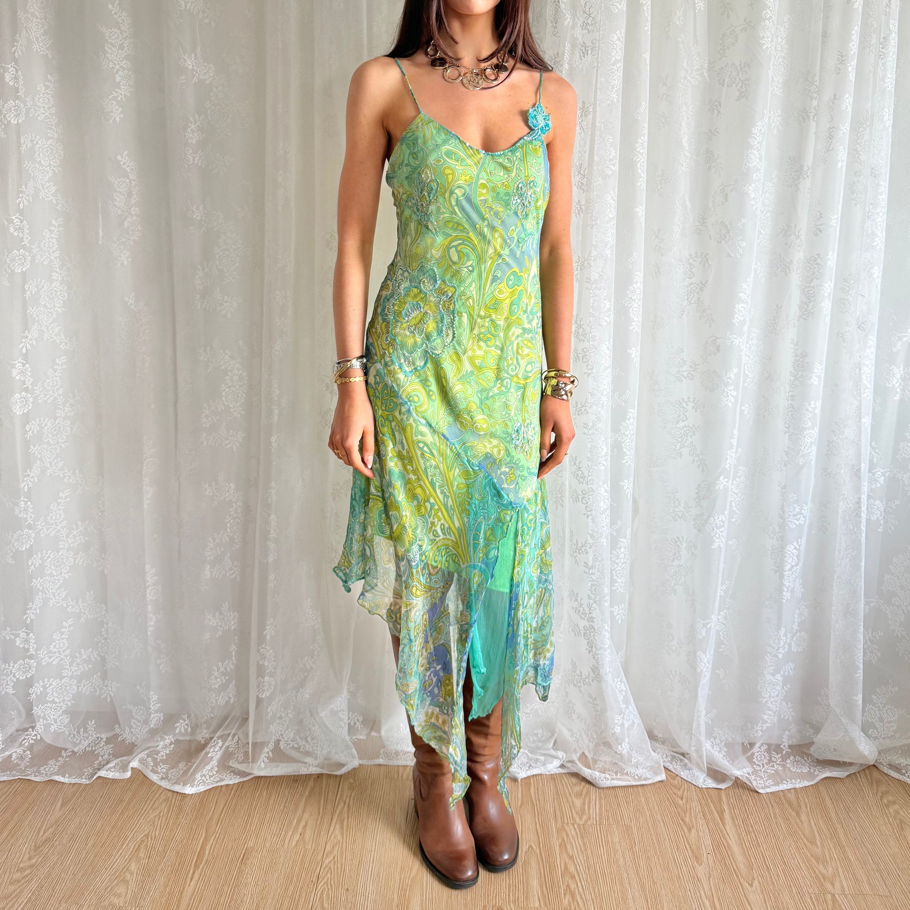 Sequin Floral Asymmetric Midi Dress - Size L