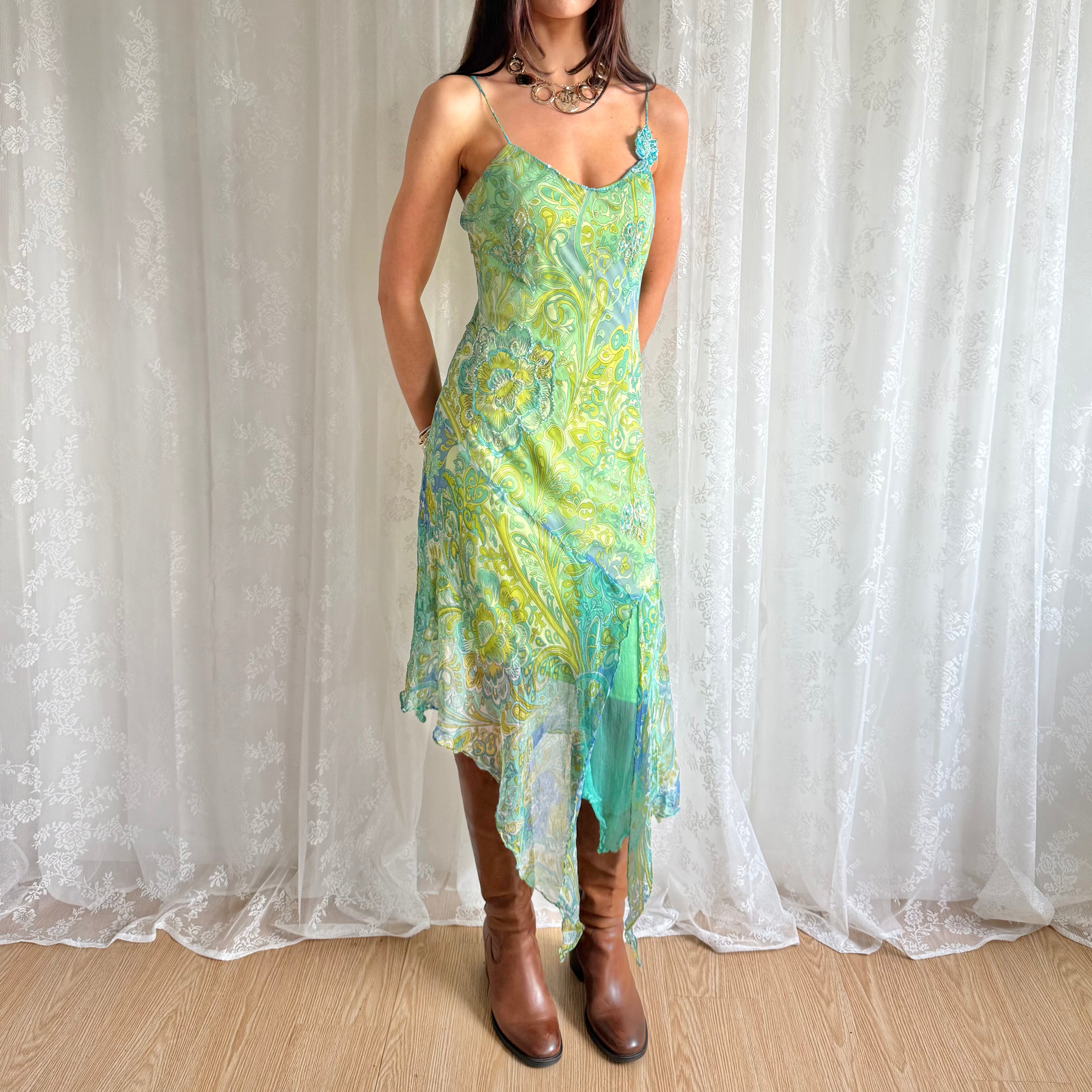 Sequin Floral Asymmetric Midi Dress - Size L