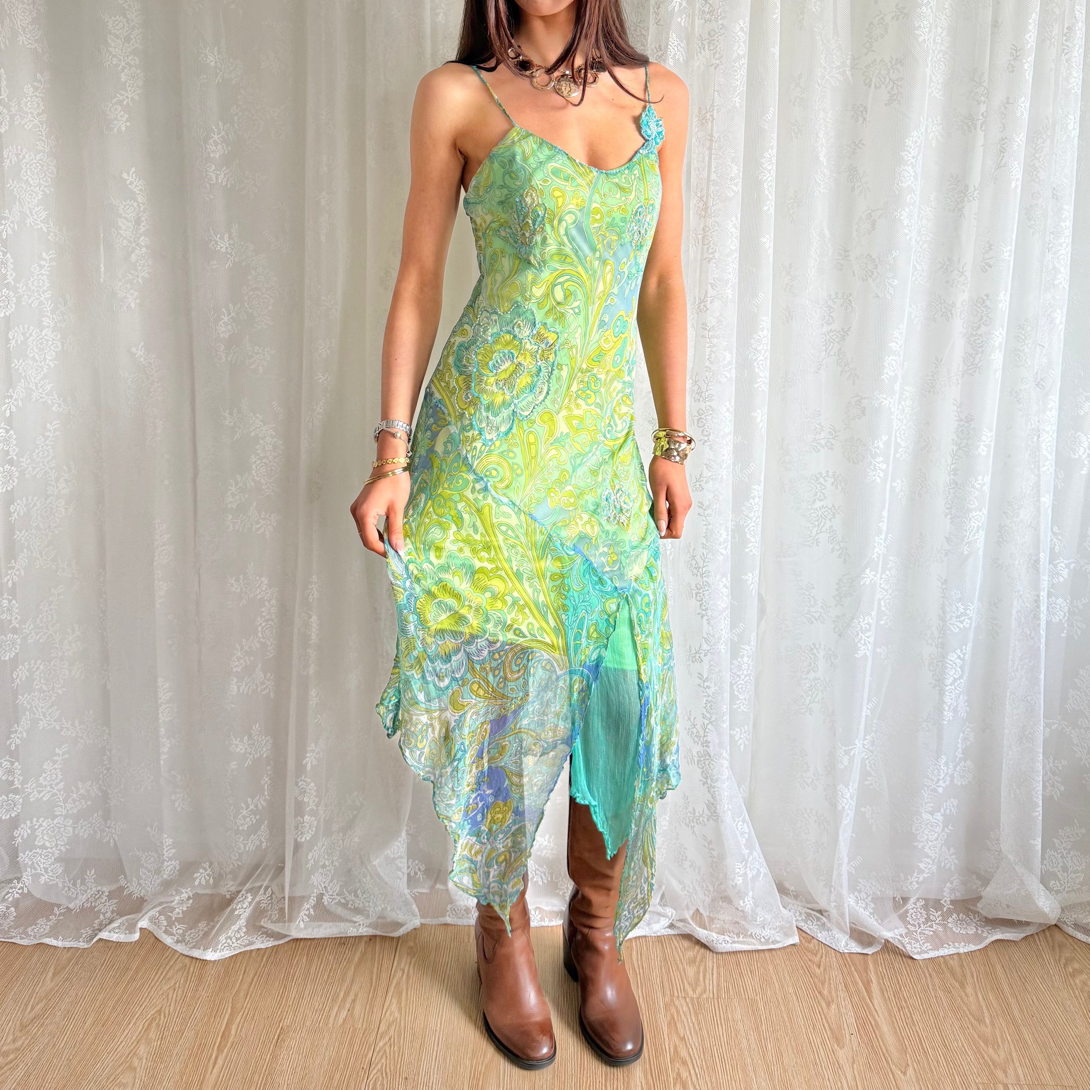 Sequin Floral Asymmetric Midi Dress - Size L