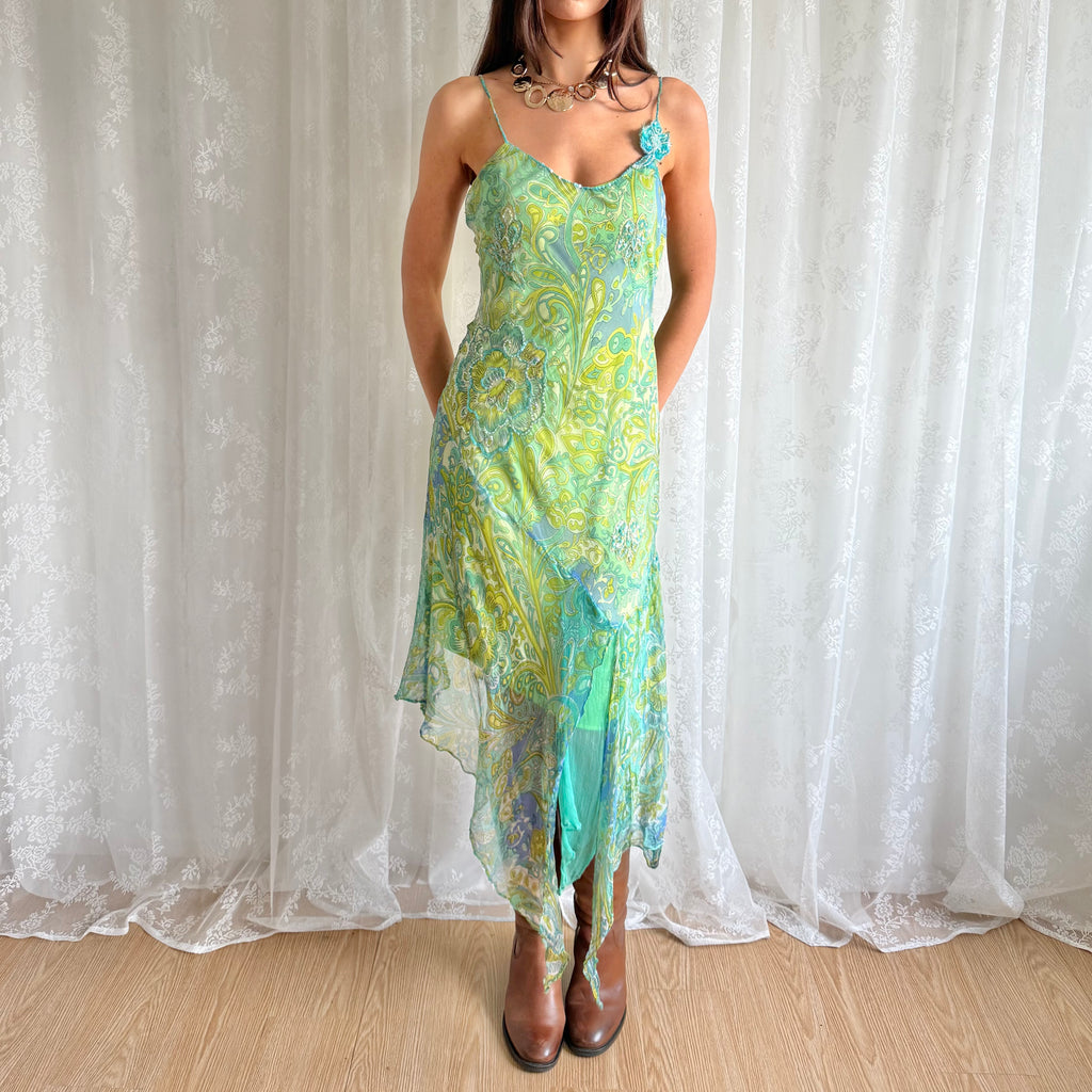 Sequin Floral Asymmetric Midi Dress - Size L