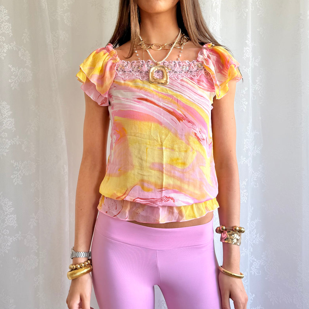 Sheer Patterned Crop Top - Size S