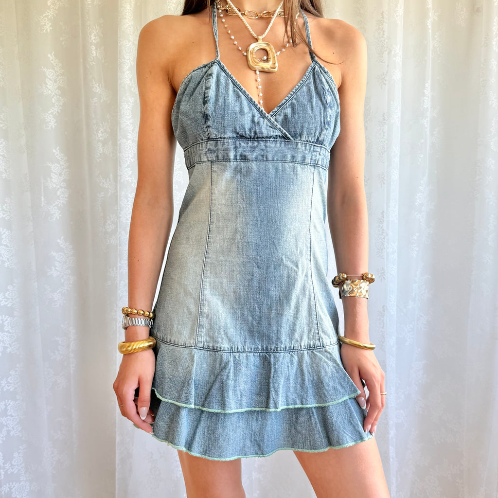 Denim Halter Mini Dress - Size M