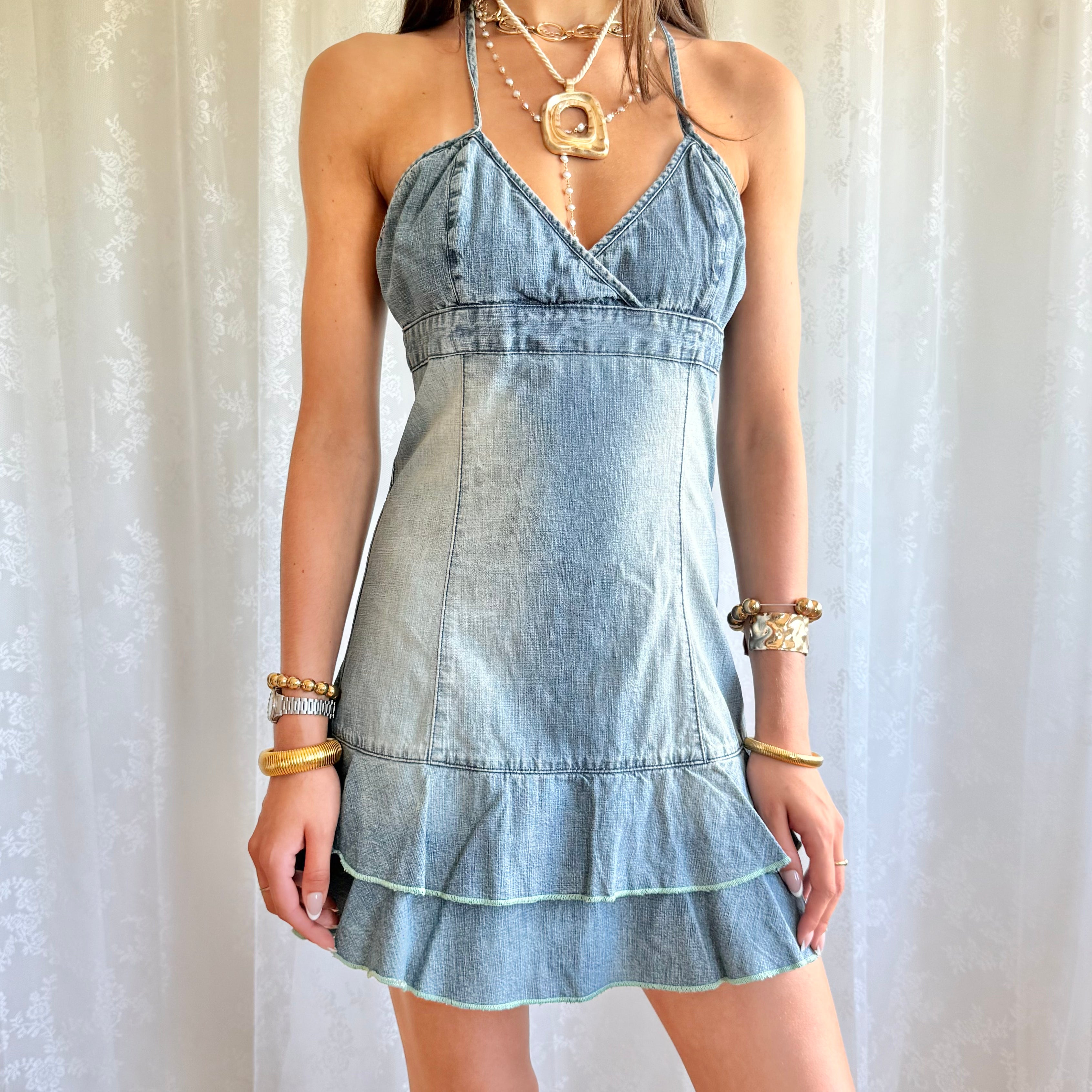 Denim Halter Mini Dress - Size M