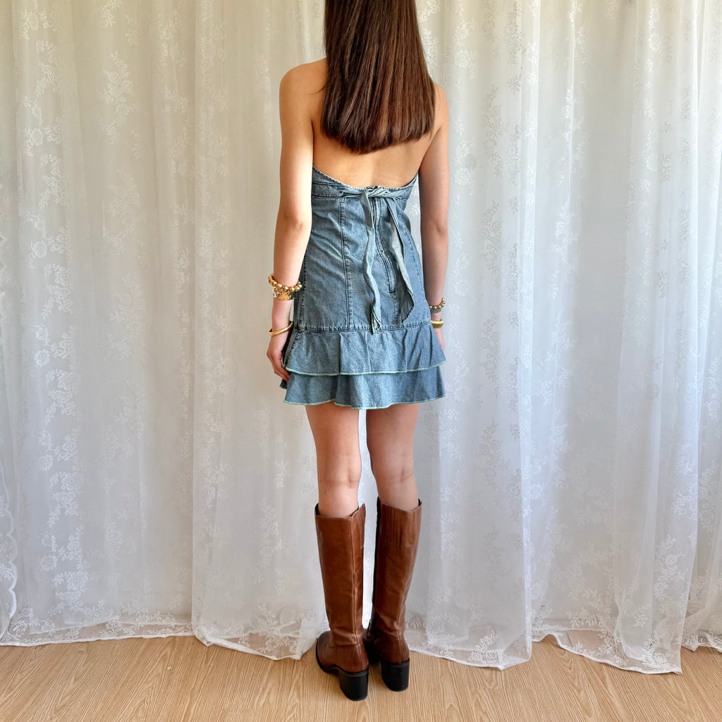 Denim Halter Mini Dress - Size M