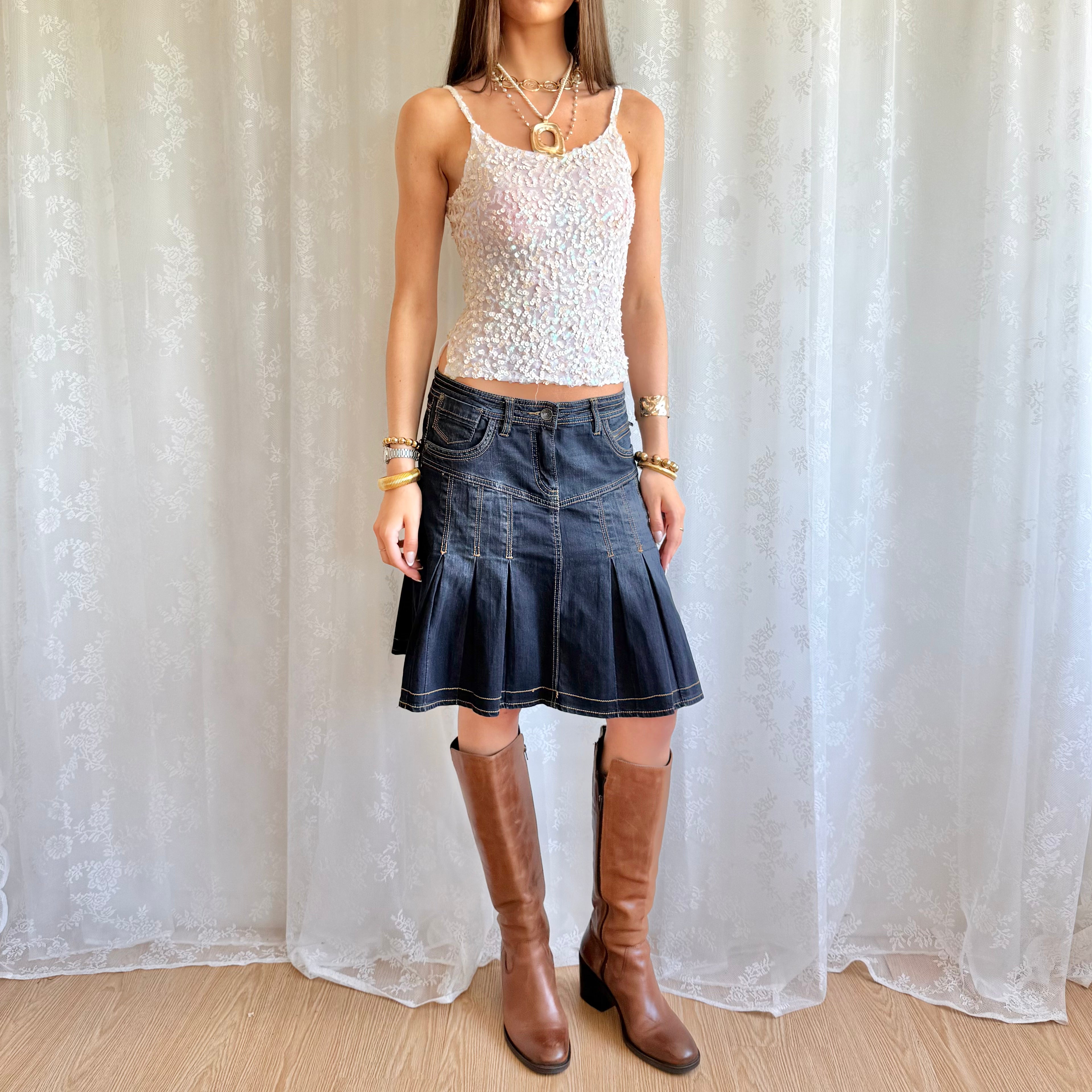 Denim Pleated Midi Skirt - Size M