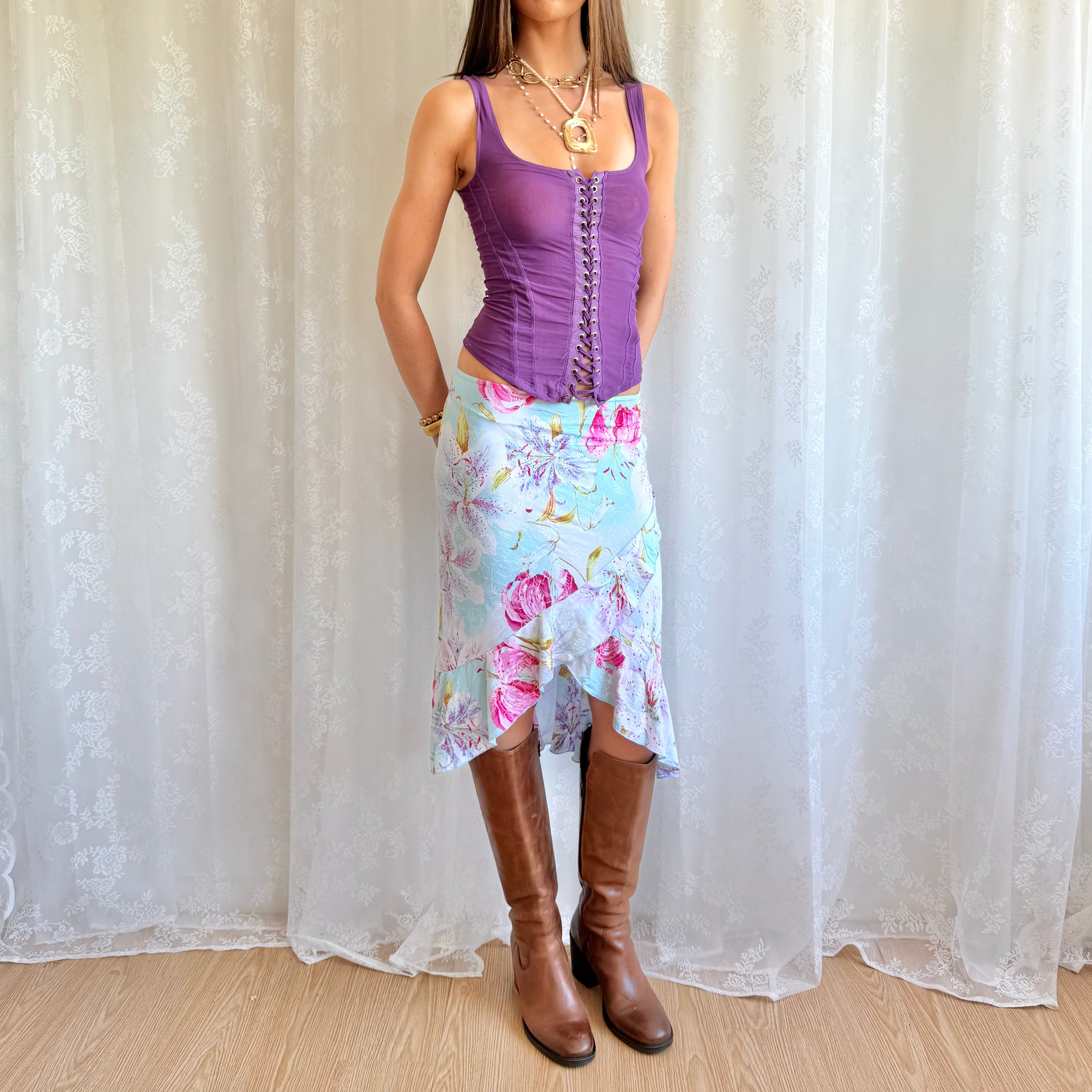 Floral Asymmetric Midi Skirt - Size S