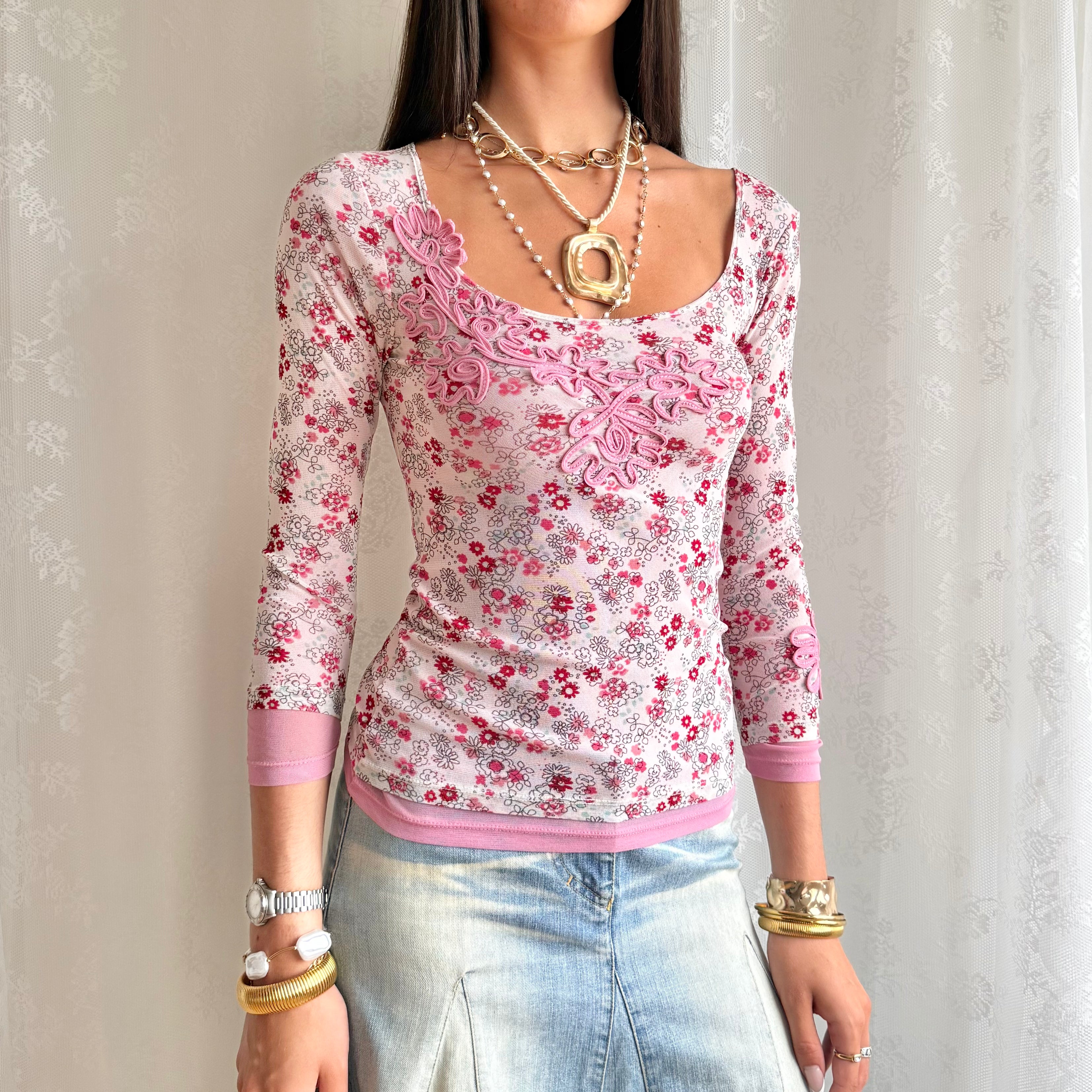 Floral Mesh Crop Top - Size XS