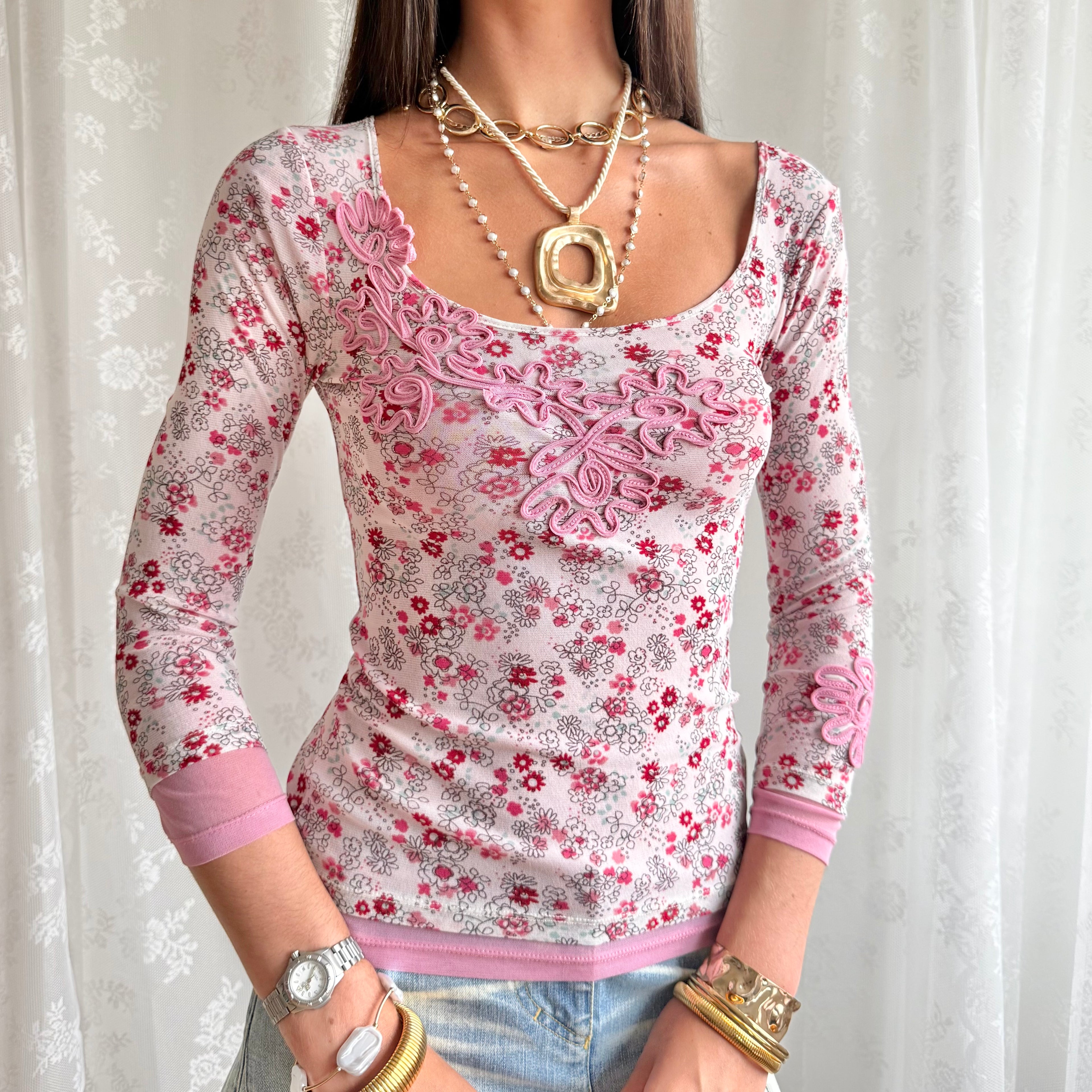 Floral Mesh Crop Top - Size XS