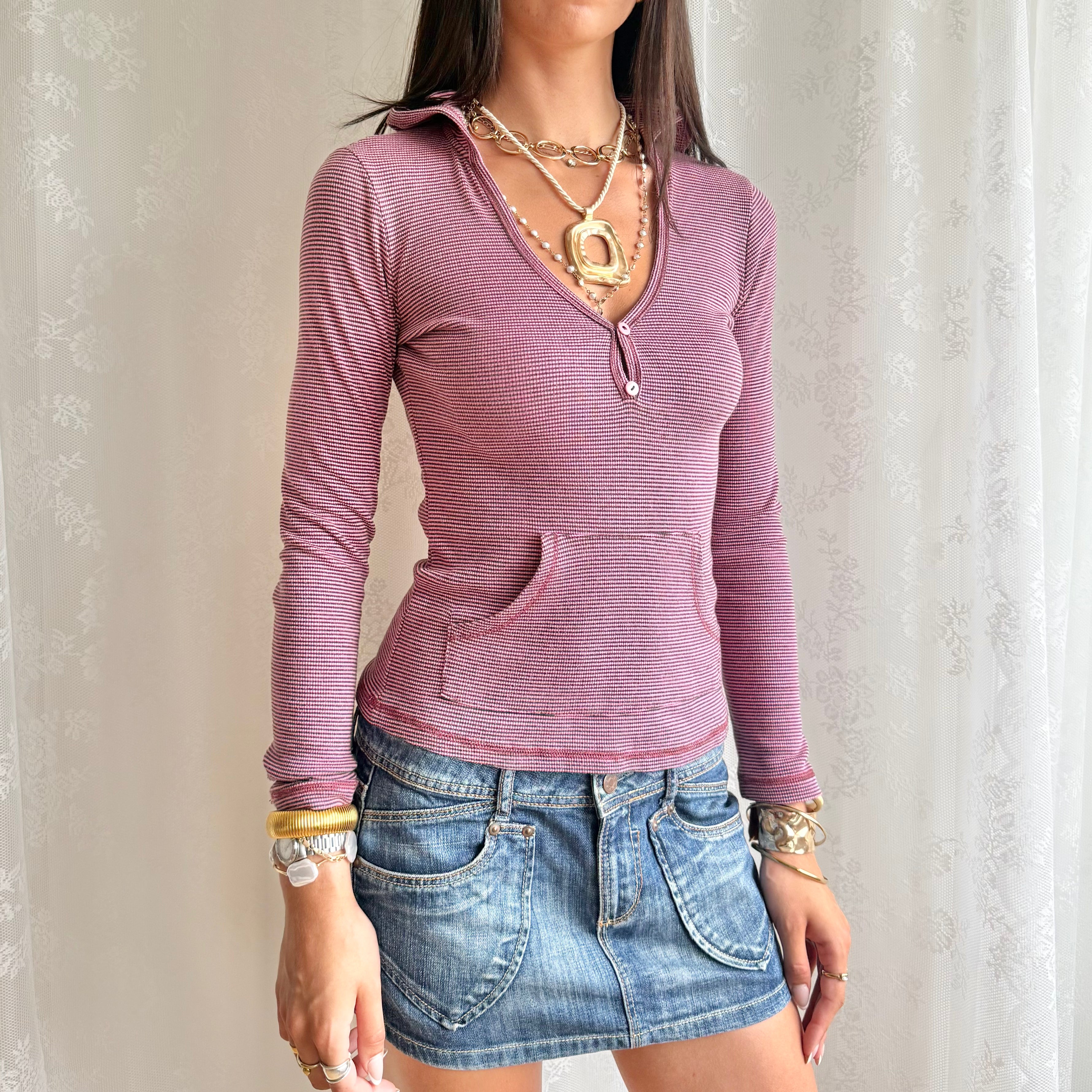 Striped Hooded Long Sleeve Top - Size M