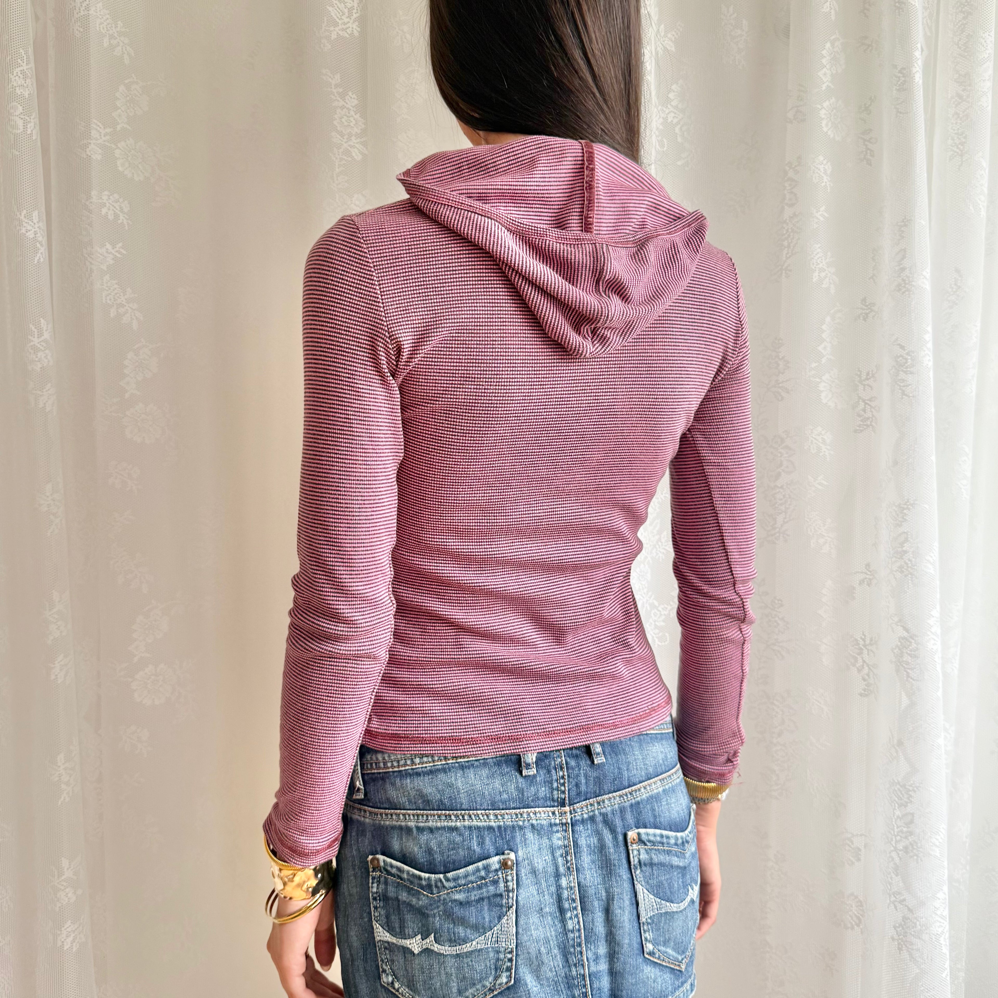 Striped Hooded Long Sleeve Top - Size M