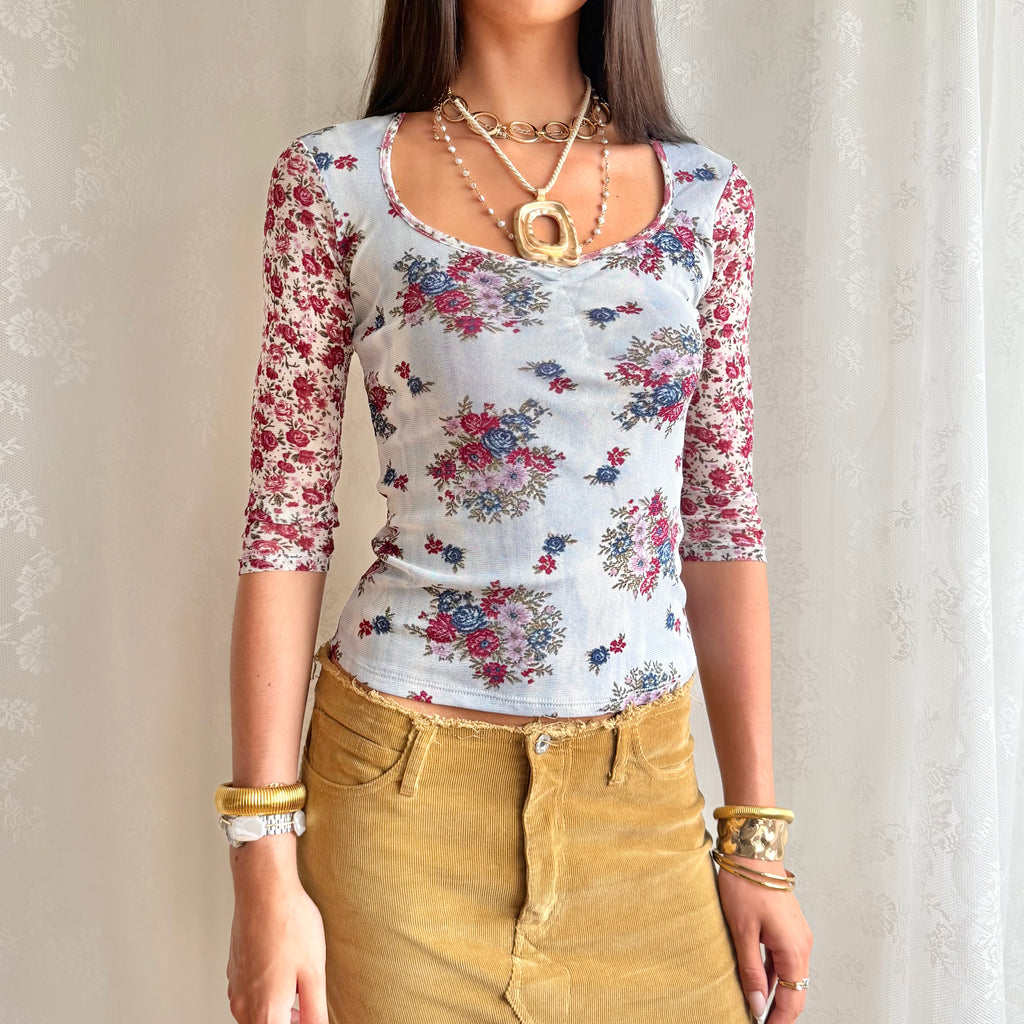 Floral Mesh Crop Top - Size XS