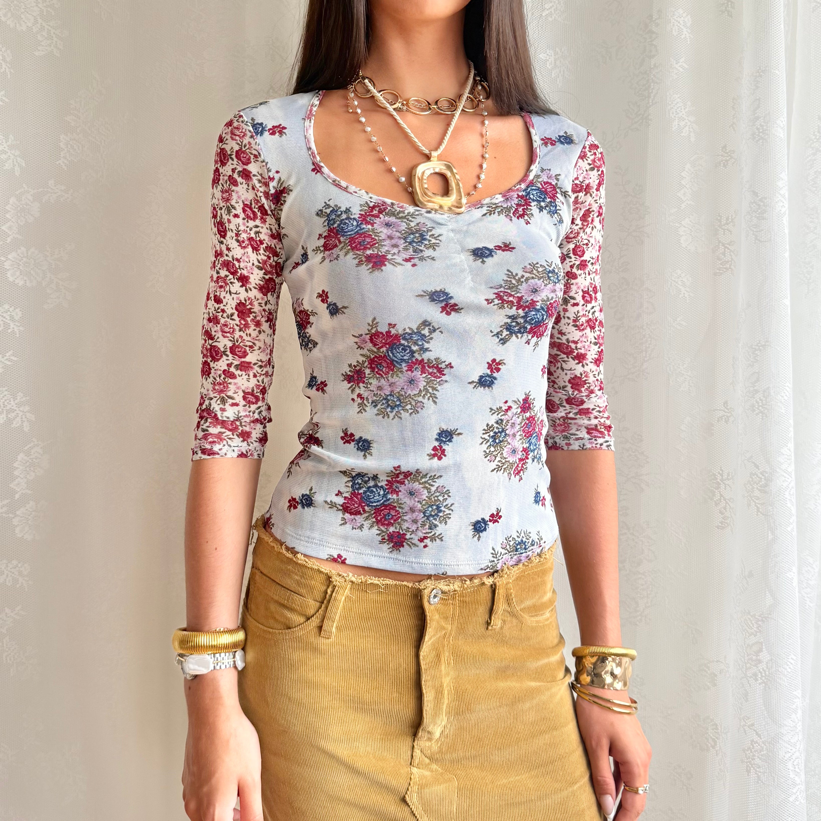 Floral Mesh Crop Top - Size XS